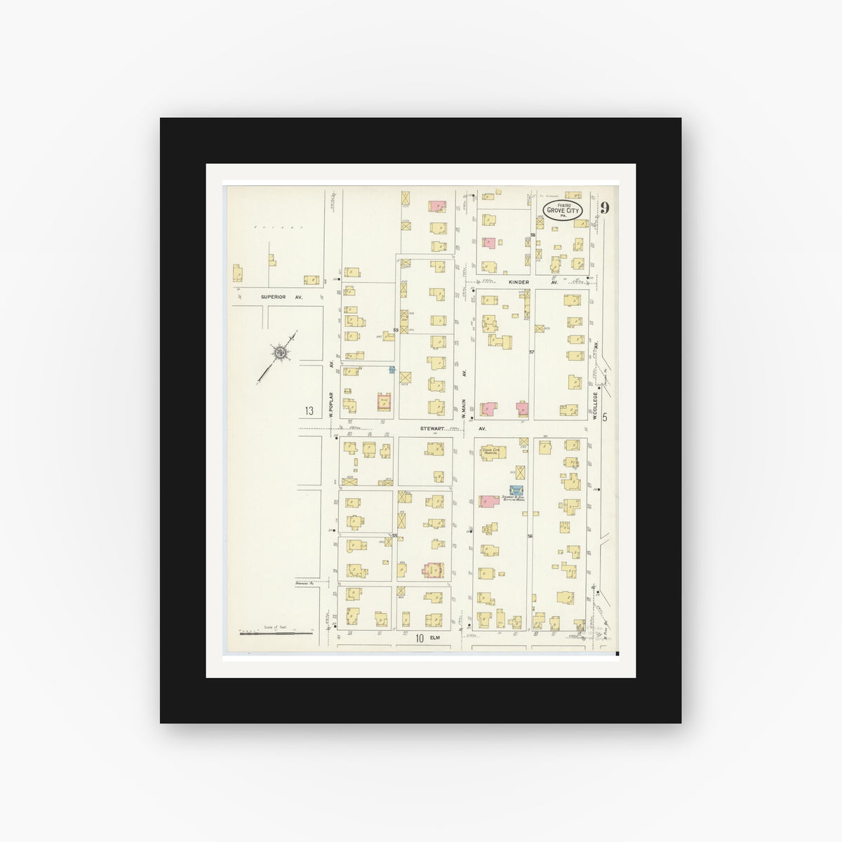Old map wall art mockup — black gallery frame with white mat — Sanborn Fire Insurance Map from Grove City, Mercer County, Pennsylvania (1912), Sheet #0009