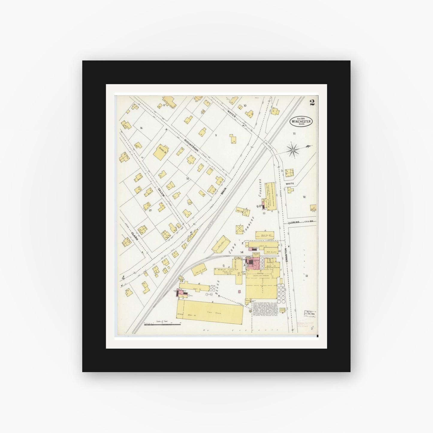 Old map wall art mockup — black gallery frame with white mat — Sanborn Fire Insurance Map from Winchester, Middlesex County, Massachusetts (1899), Sheet #0002