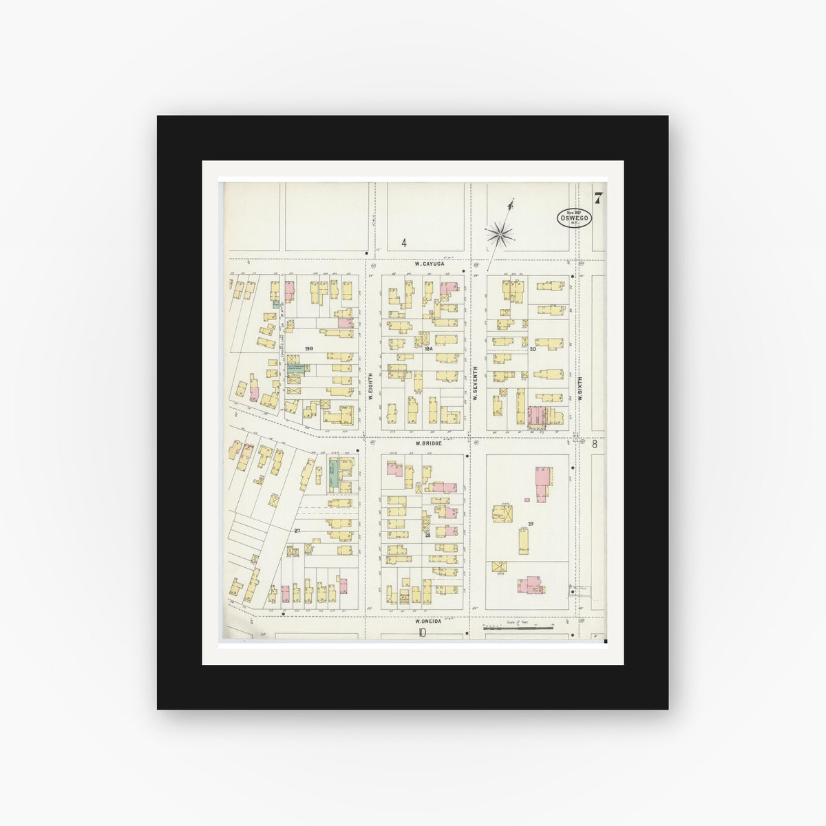 Old map wall art mockup — black gallery frame with white mat — Sanborn Fire Insurance Map from Oswego, Oswego County, New York (1897), Sheet #0007