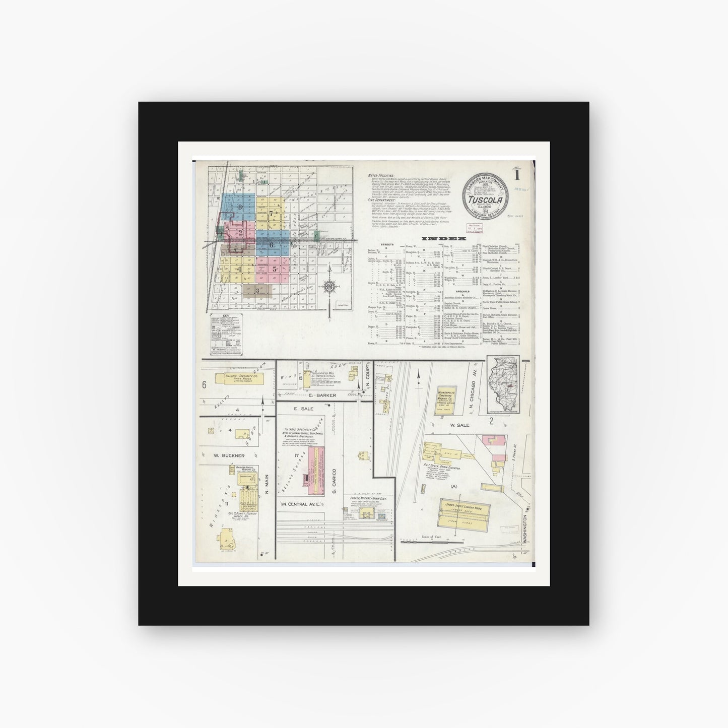 Old map wall art mockup — black gallery frame with white mat — Sanborn Fire Insurance Map from Tuscola, Douglas County, Illinois (1914) - Complete Map Set