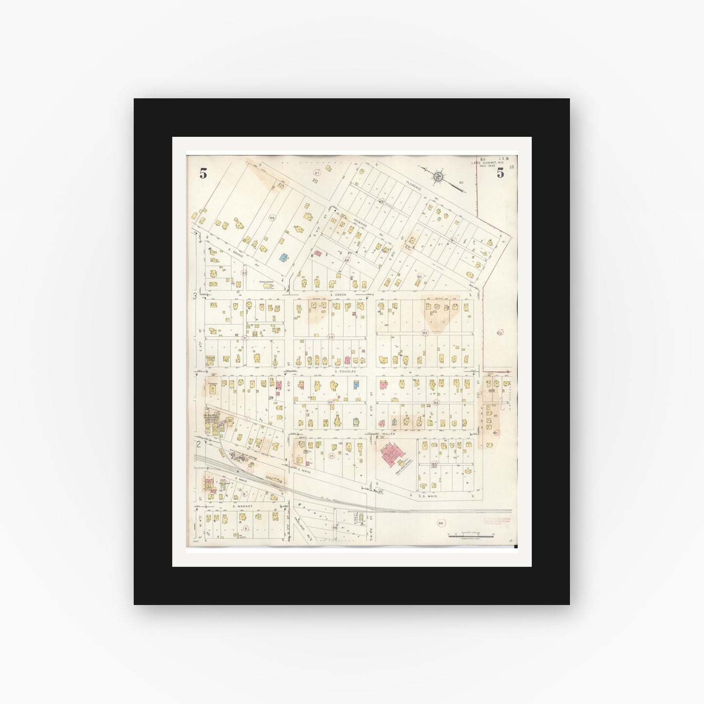 Old map wall art mockup — black gallery frame with white mat — Sanborn Fire Insurance Map from Lee's Summit, Jackson County, Missouri (1945), Sheet #0005