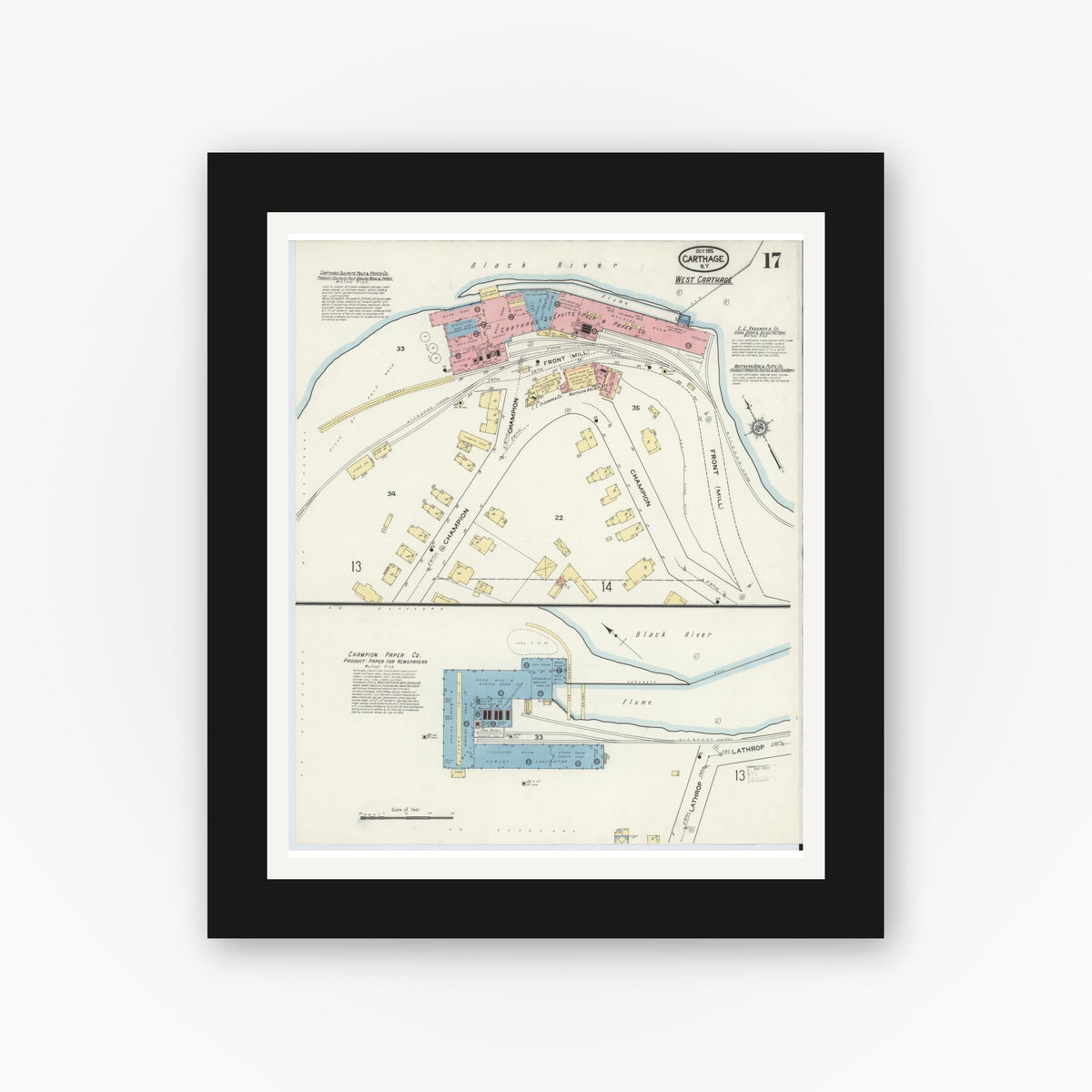 Old map wall art mockup — black gallery frame with white mat — Sanborn Fire Insurance Map from Carthage, Jefferson County, New York (1915), Sheet #0017