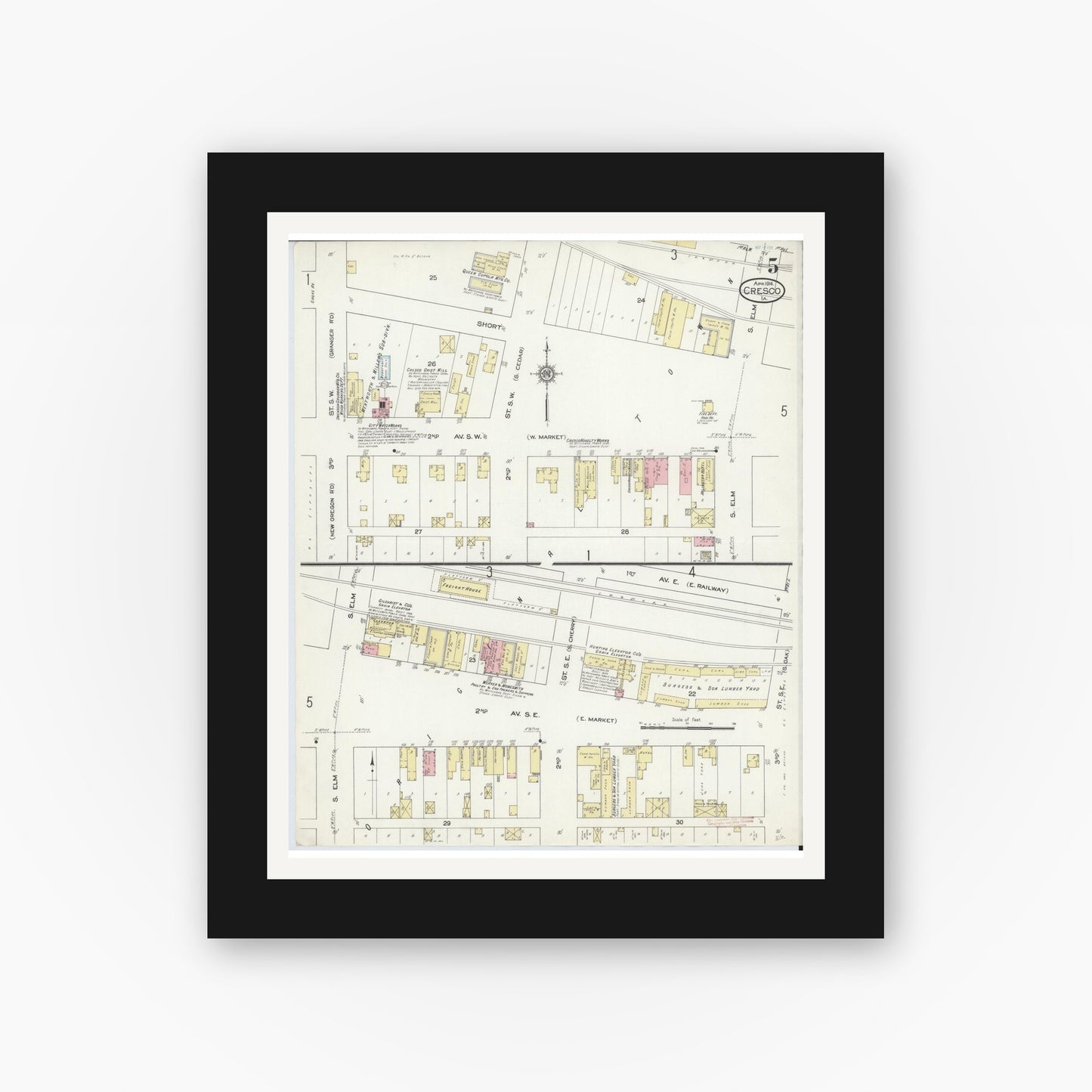 Old map wall art mockup — black gallery frame with white mat — Sanborn Fire Insurance Map from Cresco, Howard County, Iowa (1914), Sheet #0005