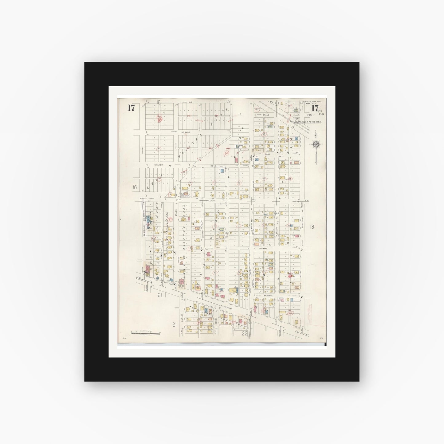 Old map wall art mockup — black gallery frame with white mat — Sanborn Fire Insurance Map from Michigan City, La Porte County, Indiana (1948), Sheet #0017