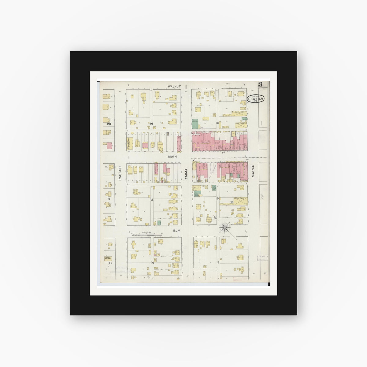 Old map wall art mockup — black gallery frame with white mat — Sanborn Fire Insurance Map from Slater, Saline County, Missouri (1894), Sheet #0003