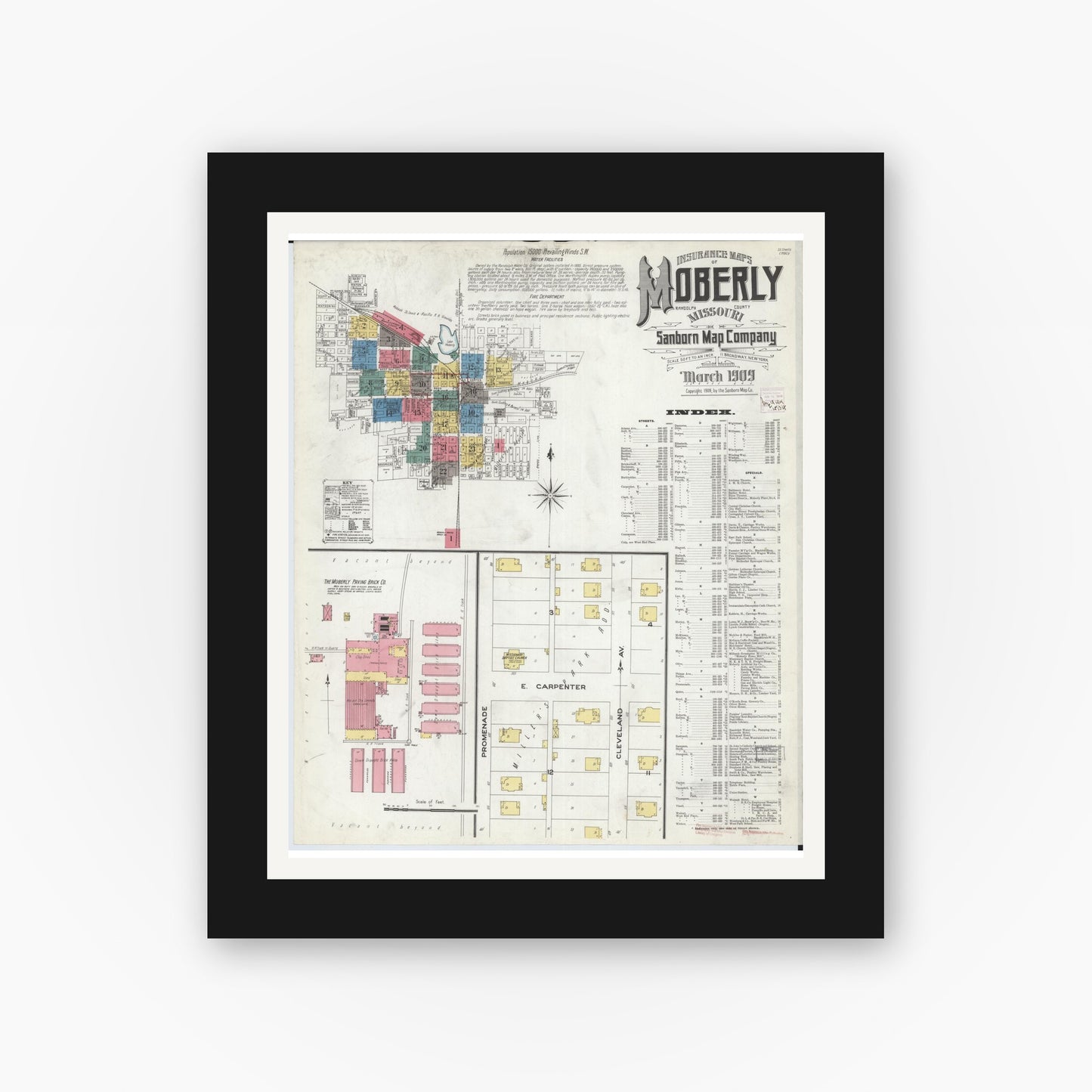 Old map wall art mockup — black gallery frame with white mat — Sanborn Fire Insurance Map from Moberly, Randolph County, Missouri (1909) - Complete Map Set
