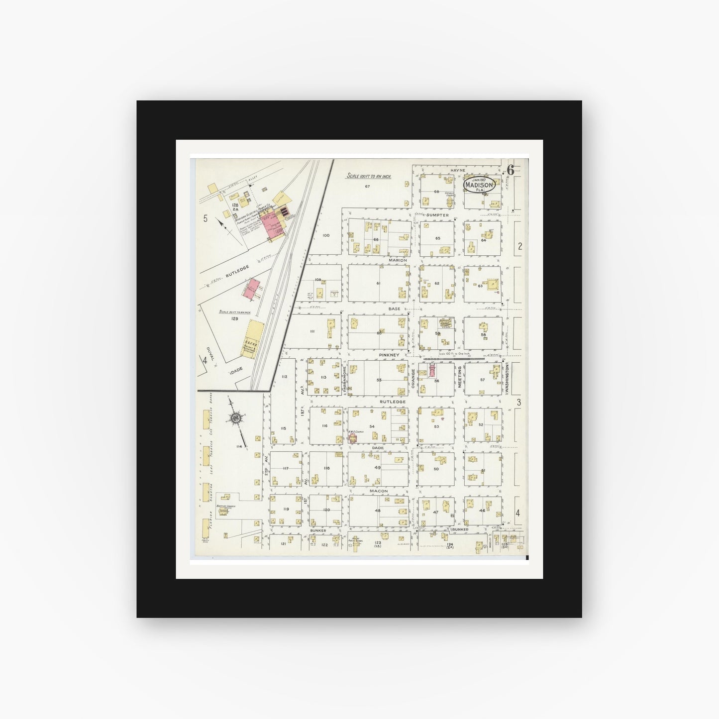 Old map wall art mockup — black gallery frame with white mat — Sanborn Fire Insurance Map from Madison, Madison County, Florida (1917), Sheet #0006