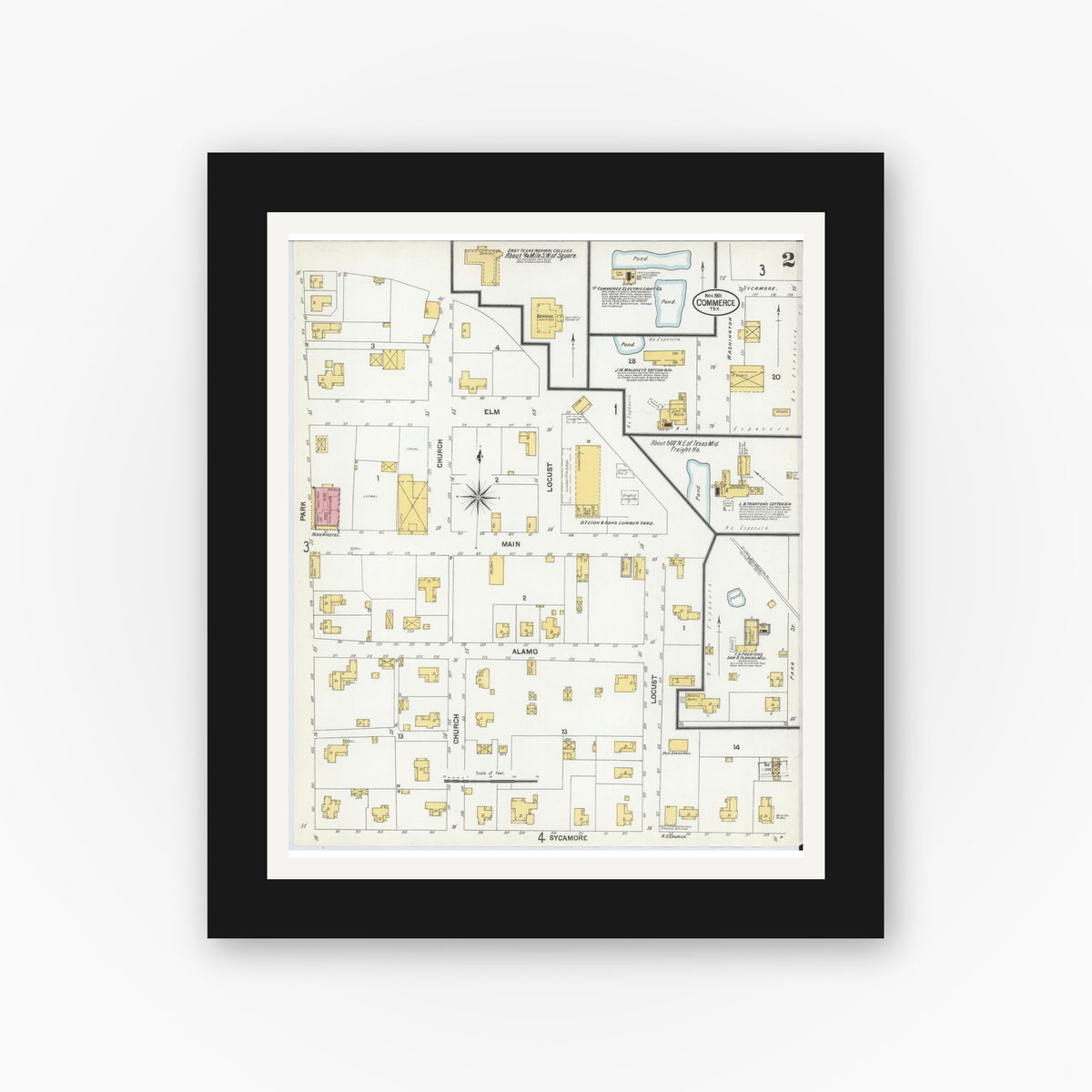 Old map wall art mockup — black gallery frame with white mat — Sanborn Fire Insurance Map from Commerce, Hunt County, Texas (1901), Sheet #0002