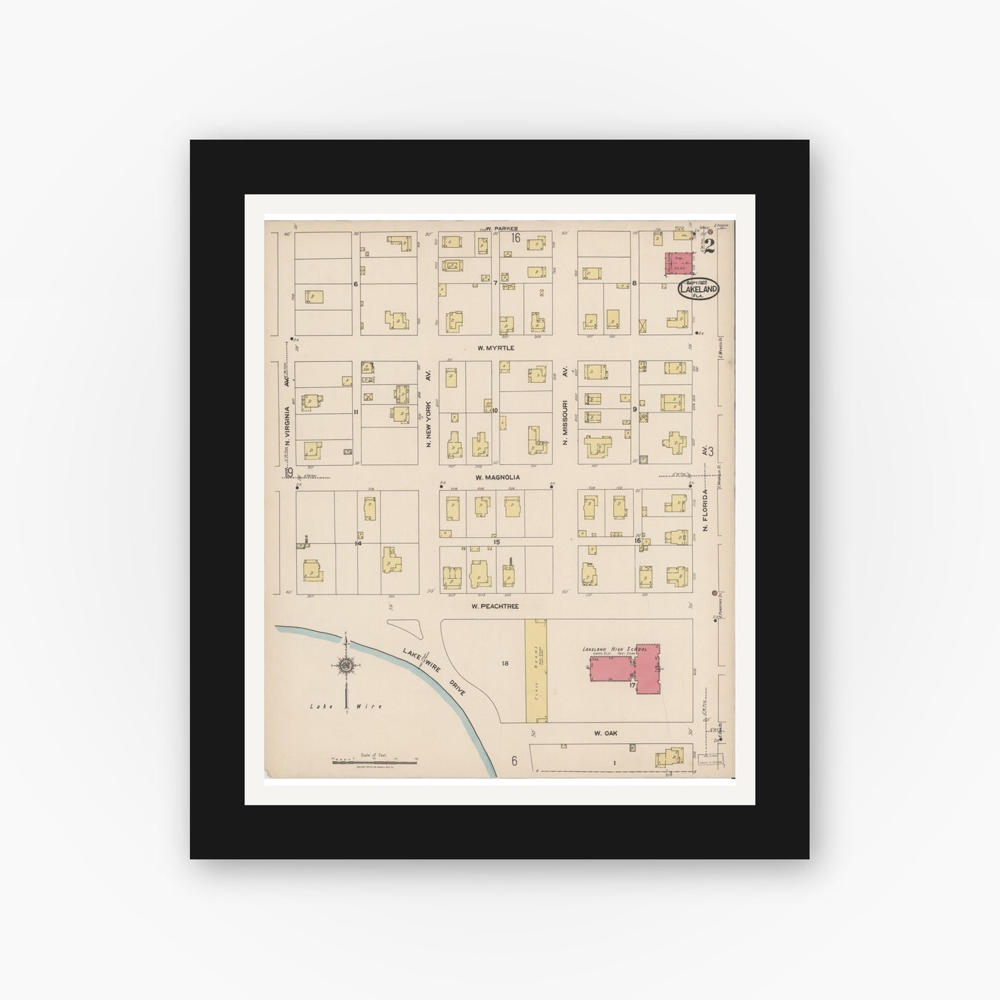 Old map wall art mockup — black gallery frame with white mat — Sanborn Fire Insurance Map from Lakeland, Polk County, Florida (1922), Sheet #0002