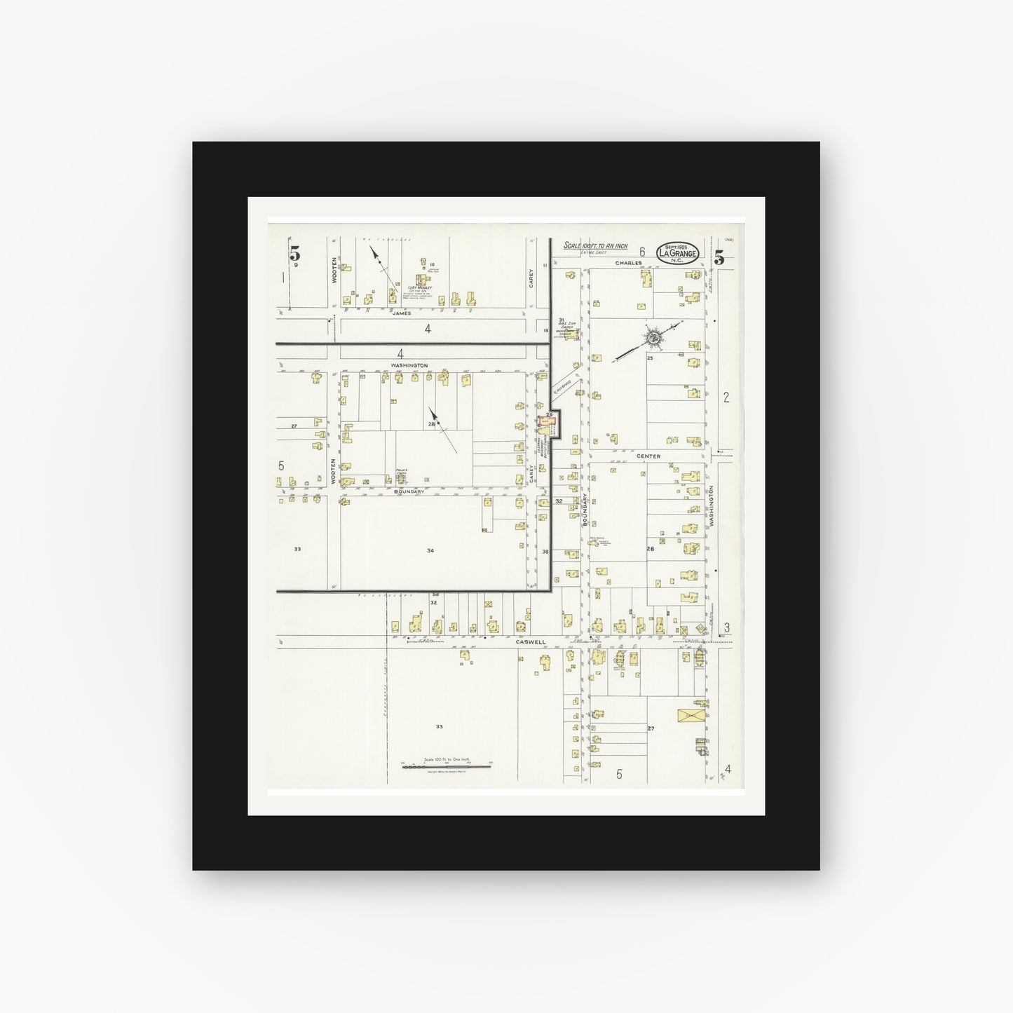 Old map wall art mockup — black gallery frame with white mat — Sanborn Fire Insurance Map from La Grange, Lenoir County, North Carolina (1925), Sheet #0005
