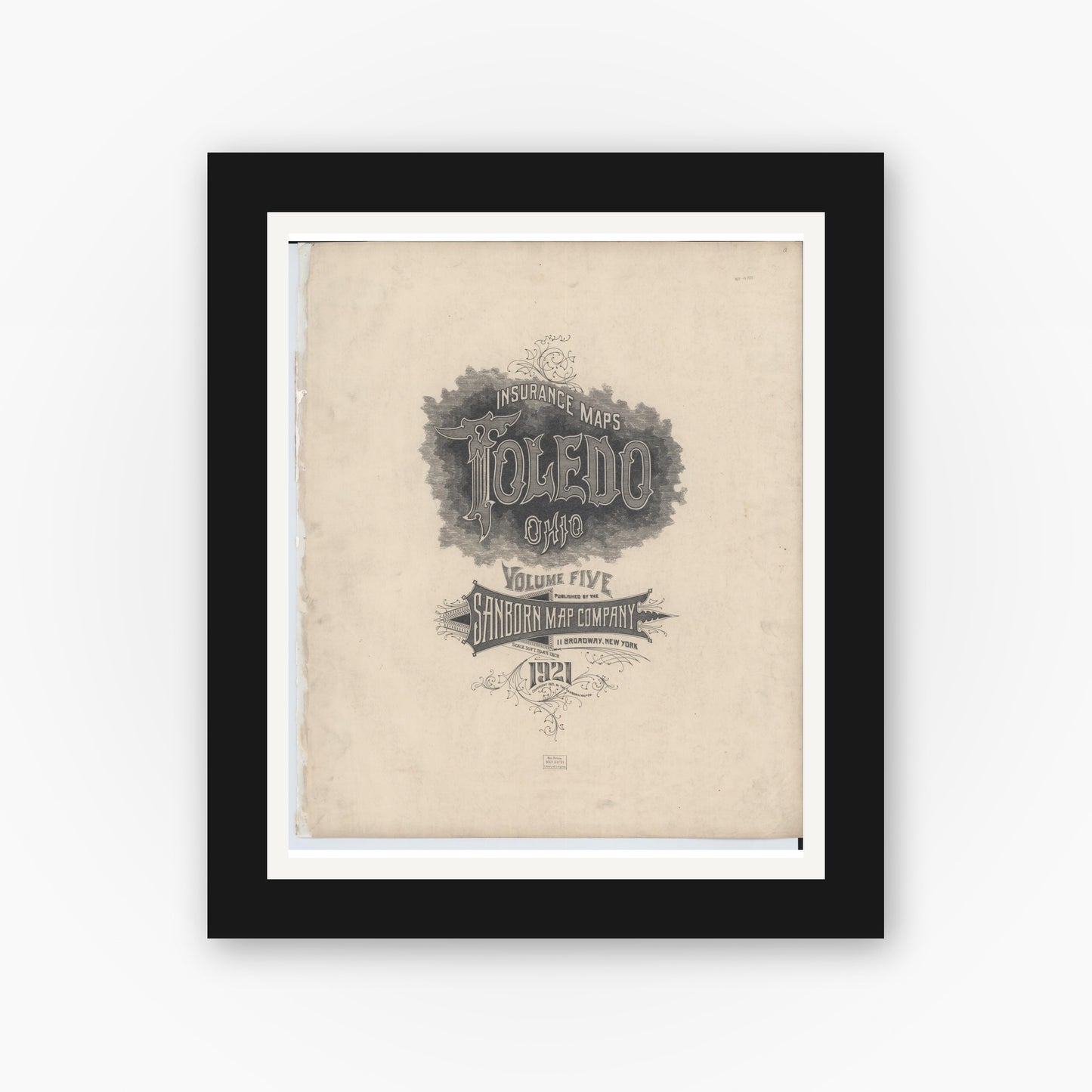 Old map wall art mockup — black gallery frame with white mat — Sanborn Fire Insurance Map from Toledo, Lucas County, Ohio (1921), Sheet #0001