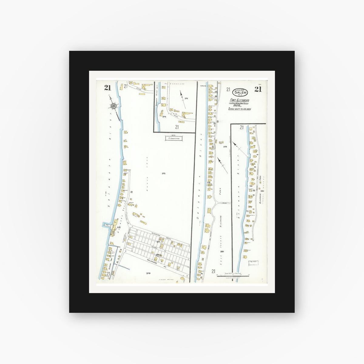 Old map wall art mockup — black gallery frame with white mat — Sanborn Fire Insurance Map from Salem, Salem County, New Jersey (1923), Sheet #0021