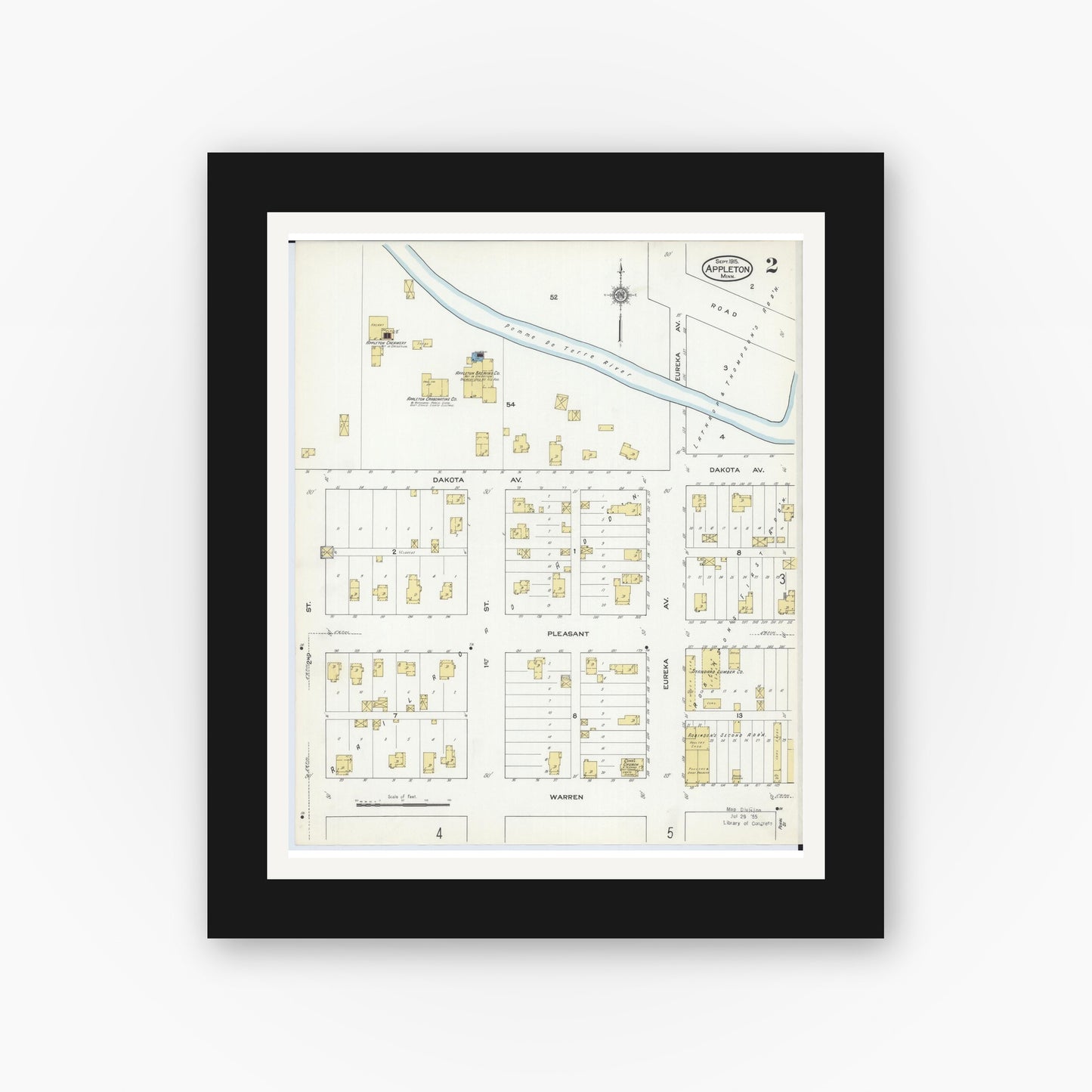 Old map wall art mockup — black gallery frame with white mat — Sanborn Fire Insurance Map from Appleton, Swift County, Minnesota (1915), Sheet #0002