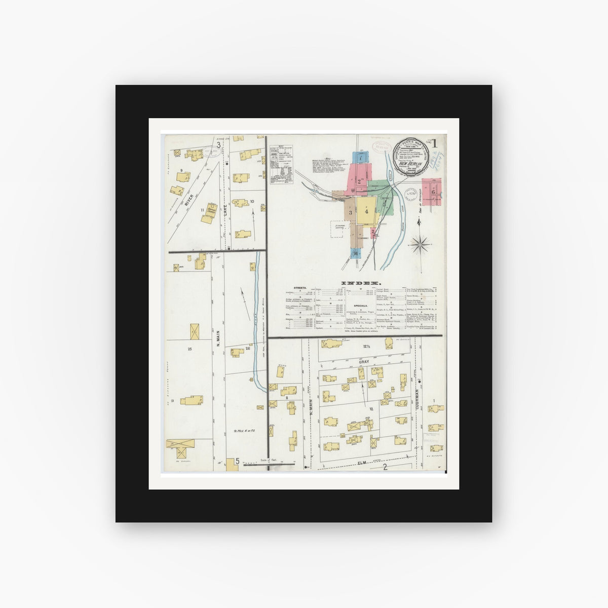 Old map wall art mockup — black gallery frame with white mat — Sanborn Fire Insurance Map from New Berlin, Chenango County, New York (1899) - Complete Map Set