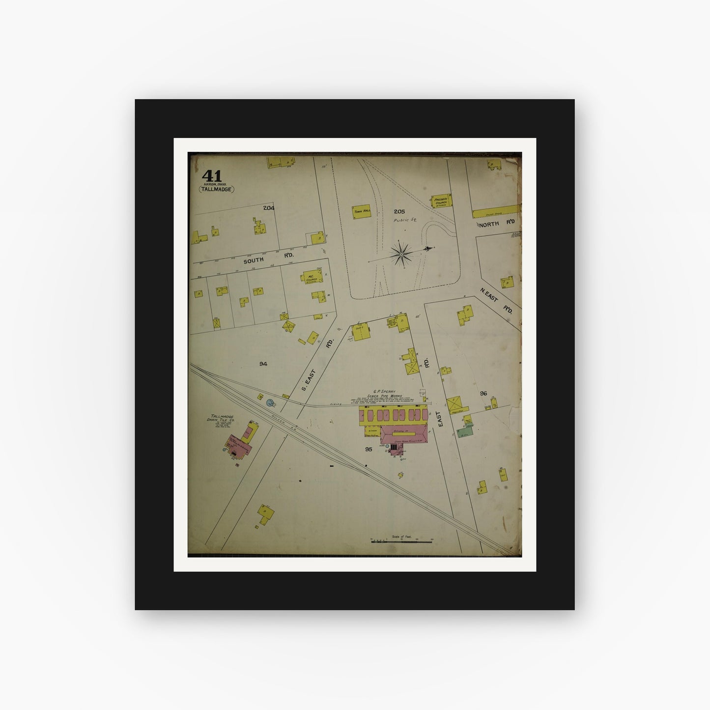 Old map wall art mockup — black gallery frame with white mat — Sanborn Fire Insurance Map from Akron, Summit County, Ohio (1892), Sheet #0041