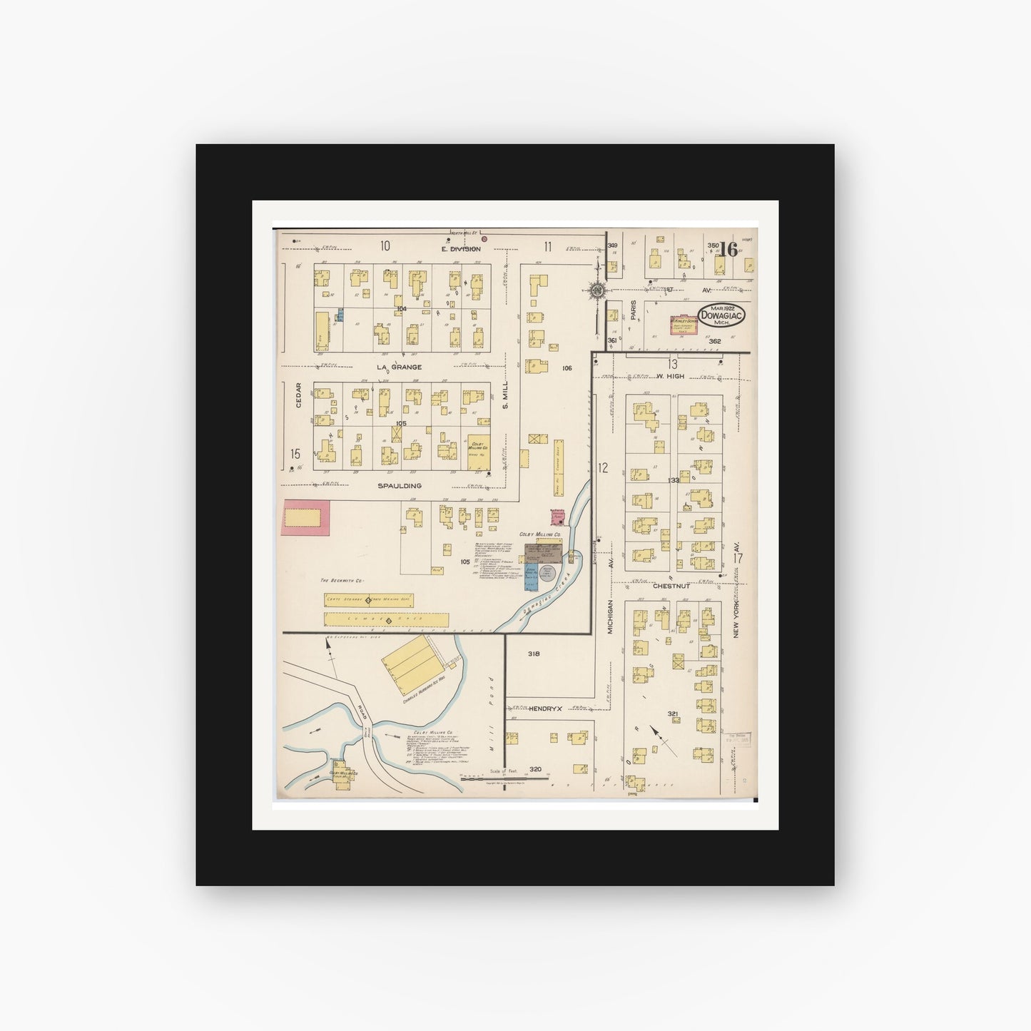 Old map wall art mockup — black gallery frame with white mat — Sanborn Fire Insurance Map from Dowagiac, Cass County, Michigan (1922), Sheet #0016