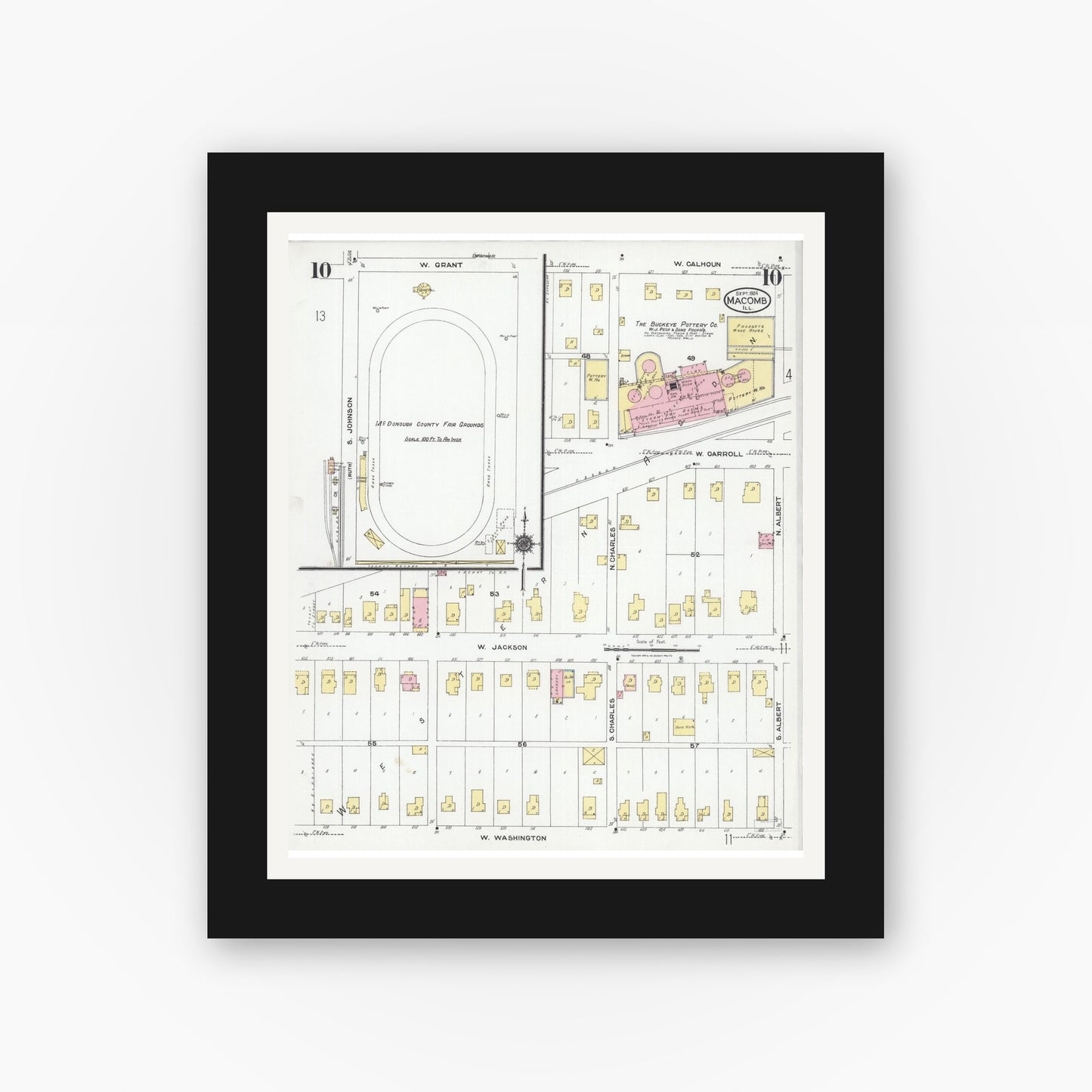 Old map wall art mockup — black gallery frame with white mat — Sanborn Fire Insurance Map from Macomb, Mcdonough County, Illinois (1924), Sheet #0010