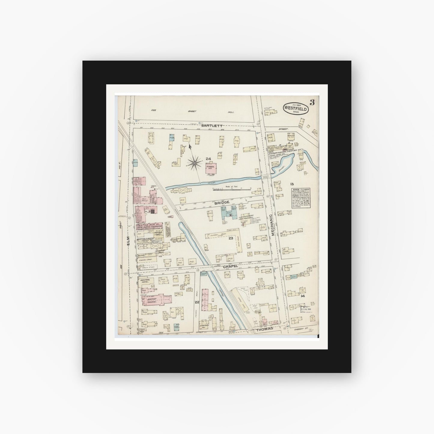Old map wall art mockup — black gallery frame with white mat — Sanborn Fire Insurance Map from Westfield, Hampden County, Massachusetts (1884), Sheet #0003