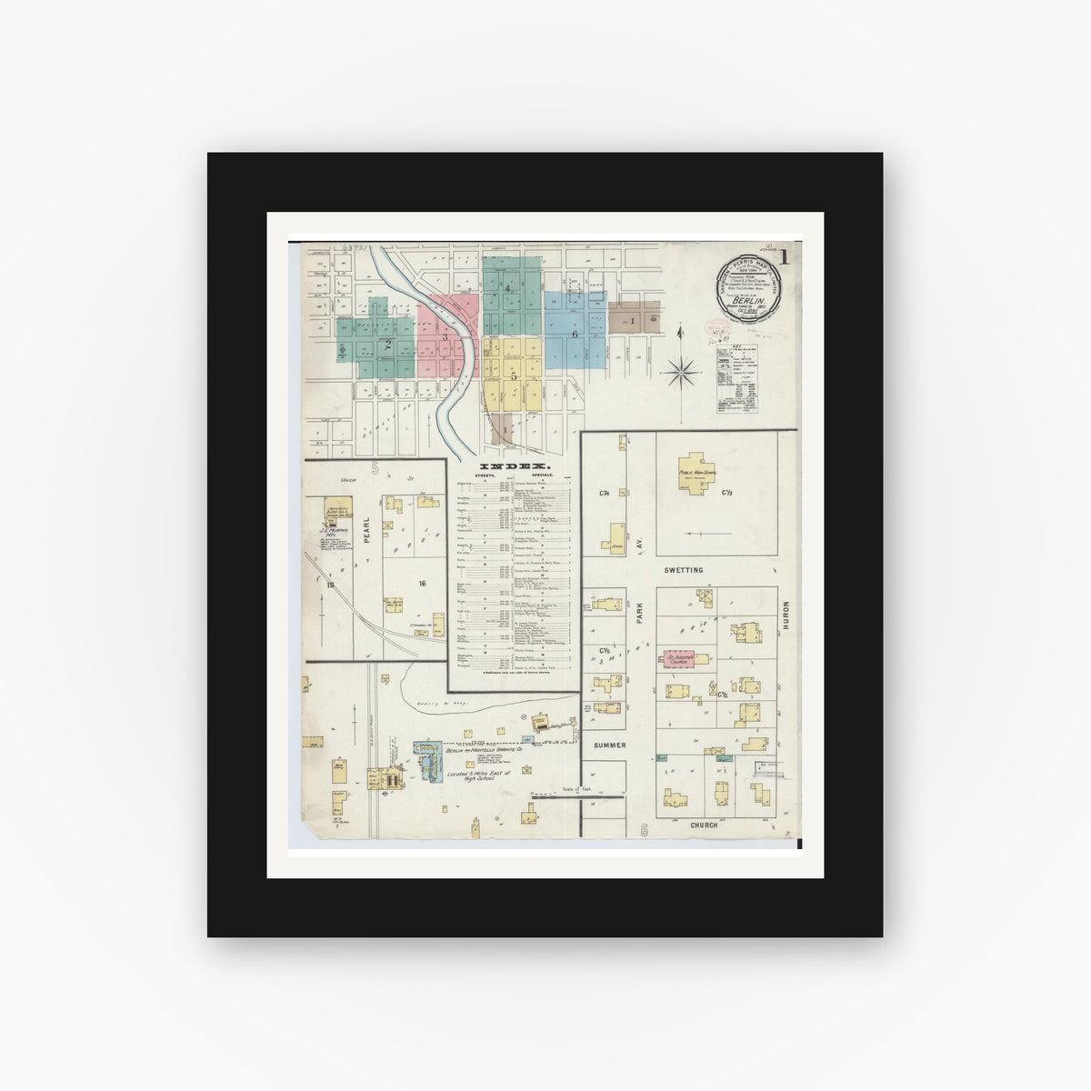 Old map wall art mockup — black gallery frame with white mat — Sanborn Fire Insurance Map from Berlin, Green Lake County, Wisconsin (1895) - Complete Map Set