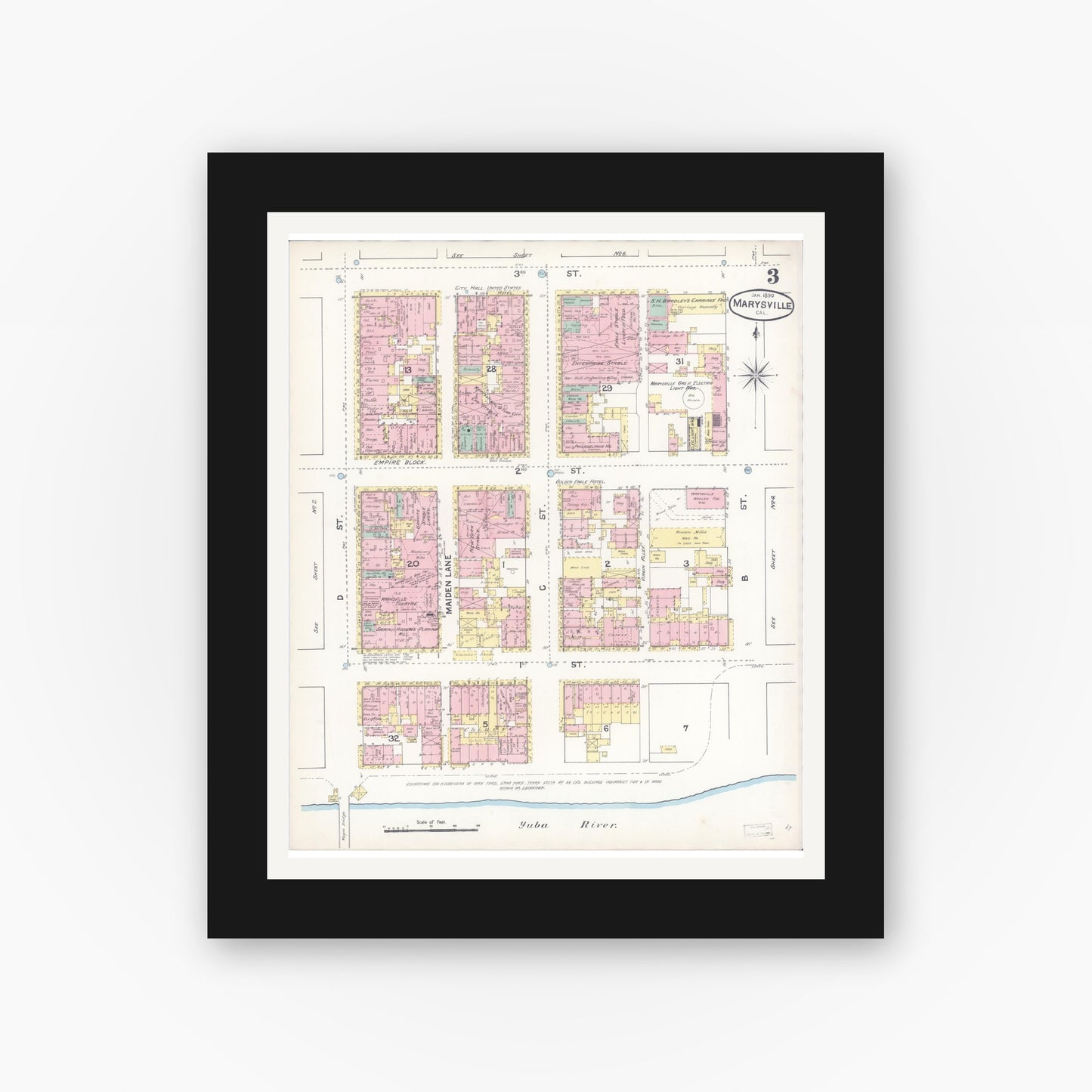 Old map wall art mockup — black gallery frame with white mat — Sanborn Fire Insurance Map from Marysville, Yuba County, California (1890), Sheet #0003