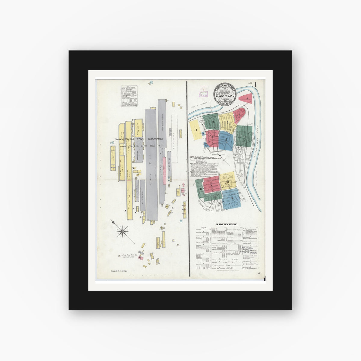 Old map wall art mockup — black gallery frame with white mat — Sanborn Fire Insurance Map from Vandergrift, Westmoreland County, Pennsylvania (1909), Sheet #0001