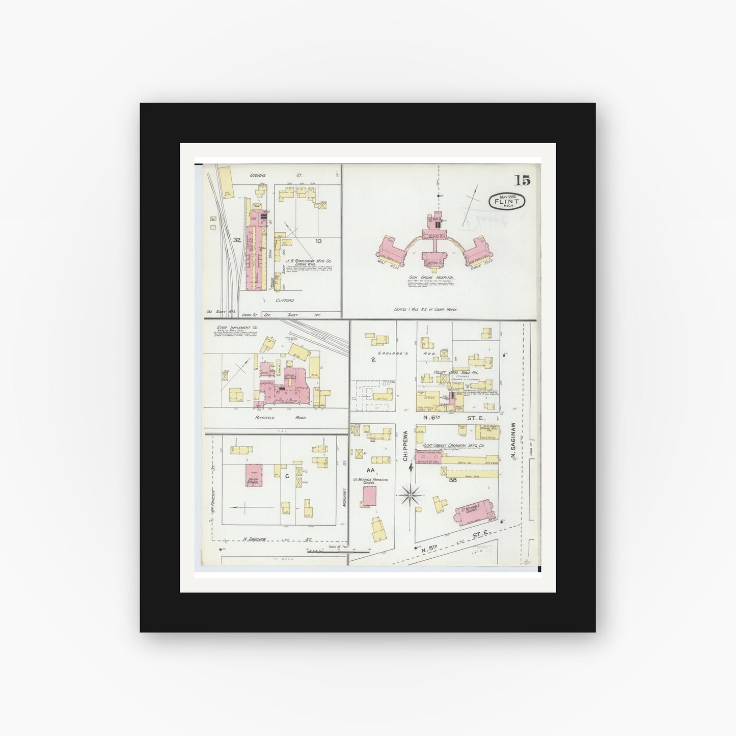 Old map wall art mockup — black gallery frame with white mat — Sanborn Fire Insurance Map from Flint, Genesee County, Michigan (1892), Sheet #0015