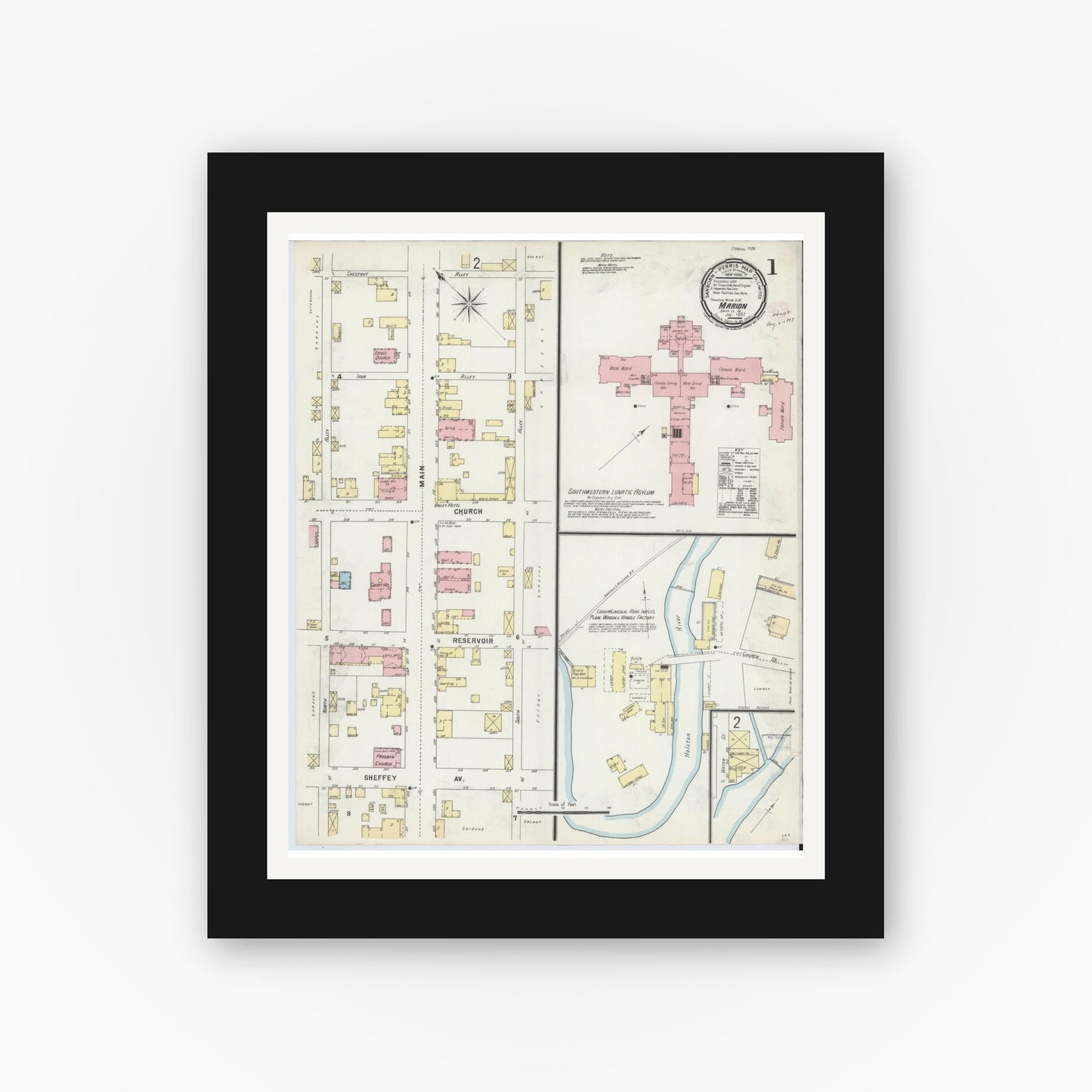 Old map wall art mockup — black gallery frame with white mat — Sanborn Fire Insurance Map from Marion, Smyth County, Virginia (1897) - Complete Map Set