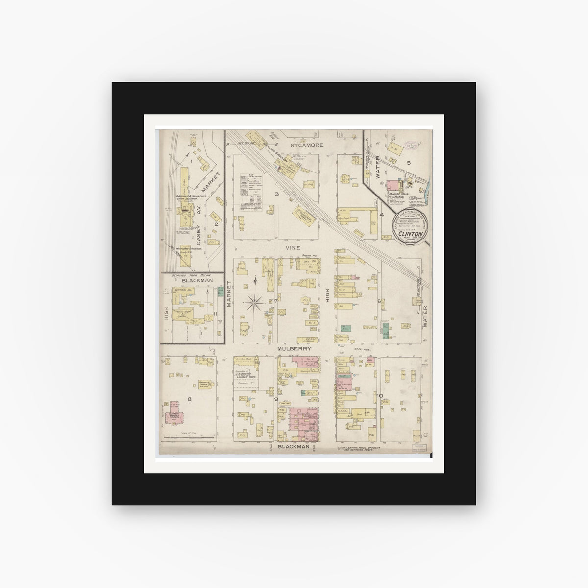 Old map wall art mockup — black gallery frame with white mat — Sanborn Fire Insurance Map from Clinton, Vermillion County, Indiana (1886), Sheet #0001