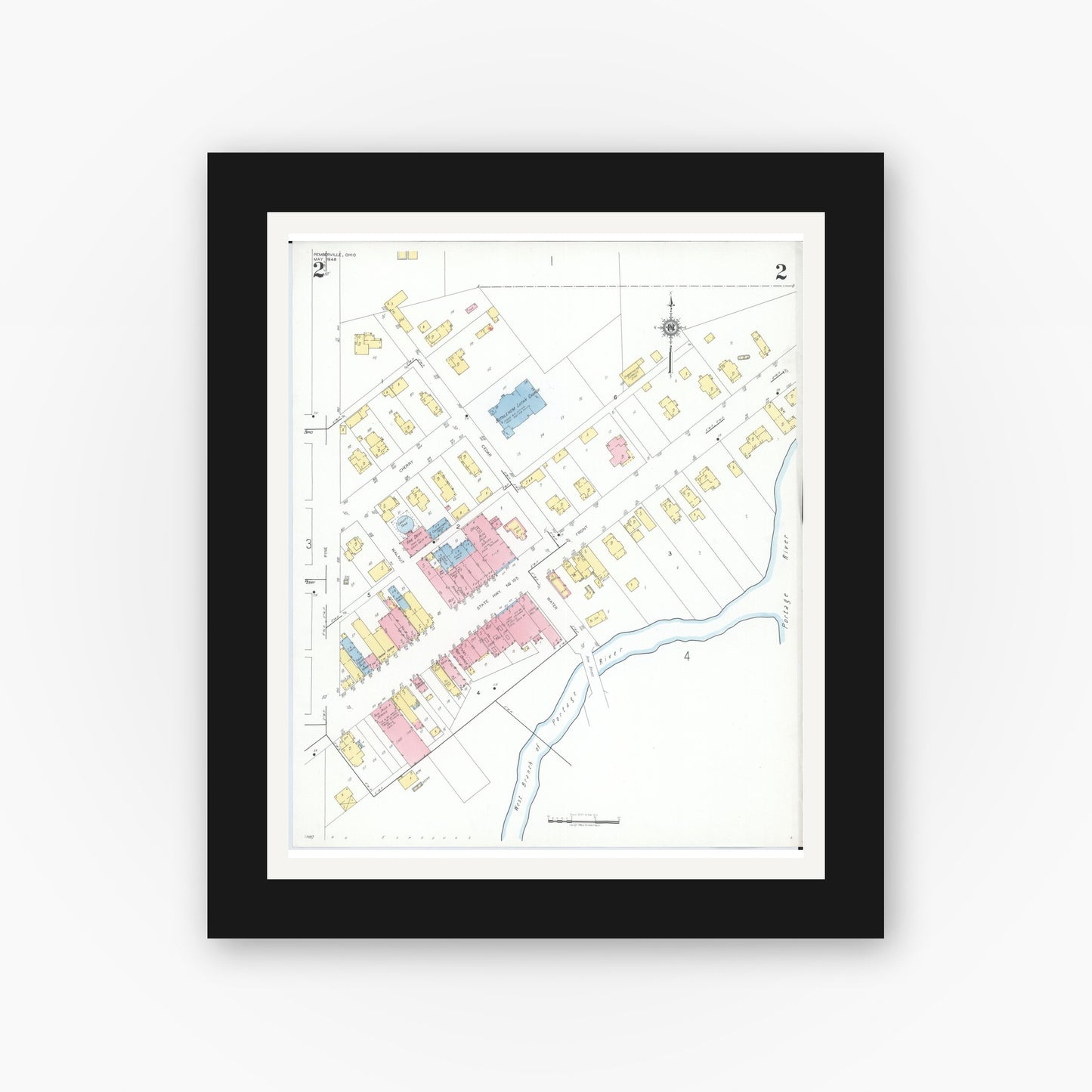 Old map wall art mockup — black gallery frame with white mat — Sanborn Fire Insurance Map from Pemberville, Wood County, Ohio (1948), Sheet #0002