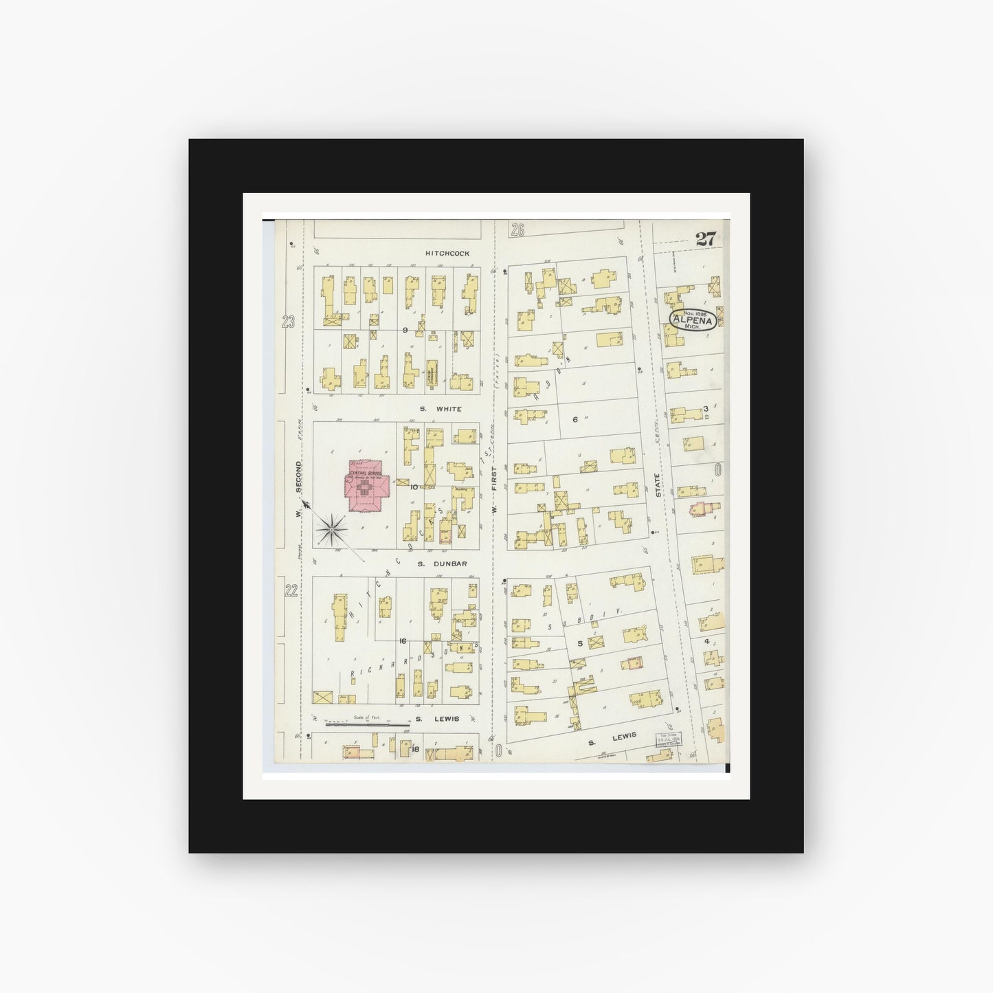 Old map wall art mockup — black gallery frame with white mat — Sanborn Fire Insurance Map from Alpena, Alpena County, Michigan (1895), Sheet #0027