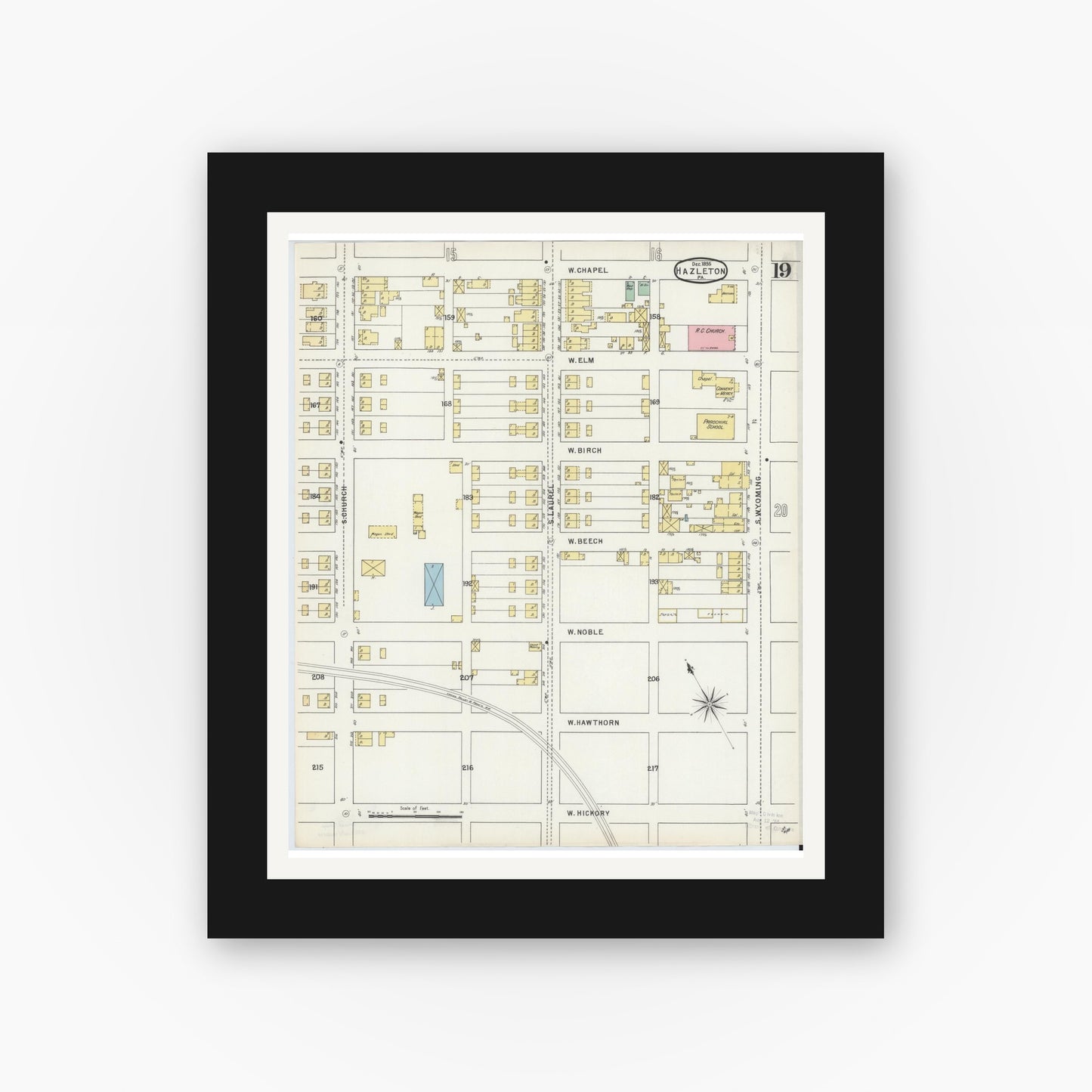 Old map wall art mockup — black gallery frame with white mat — Sanborn Fire Insurance Map from Hazleton, Luzerne County, Pennsylvania (1895), Sheet #0019