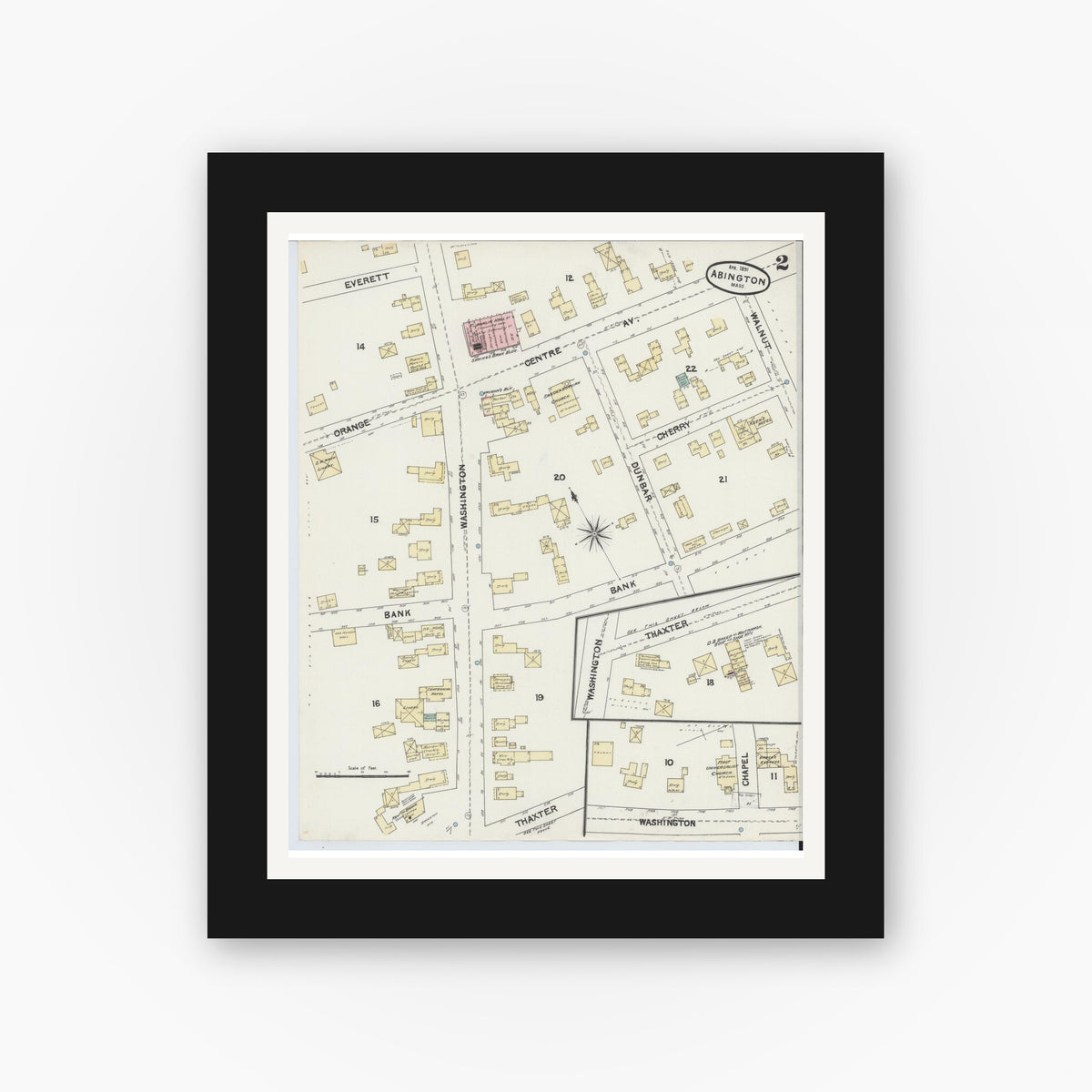 Old map wall art mockup — black gallery frame with white mat — Sanborn Fire Insurance Map from Abington, Plymouth County, Massachusetts (1891), Sheet #0002