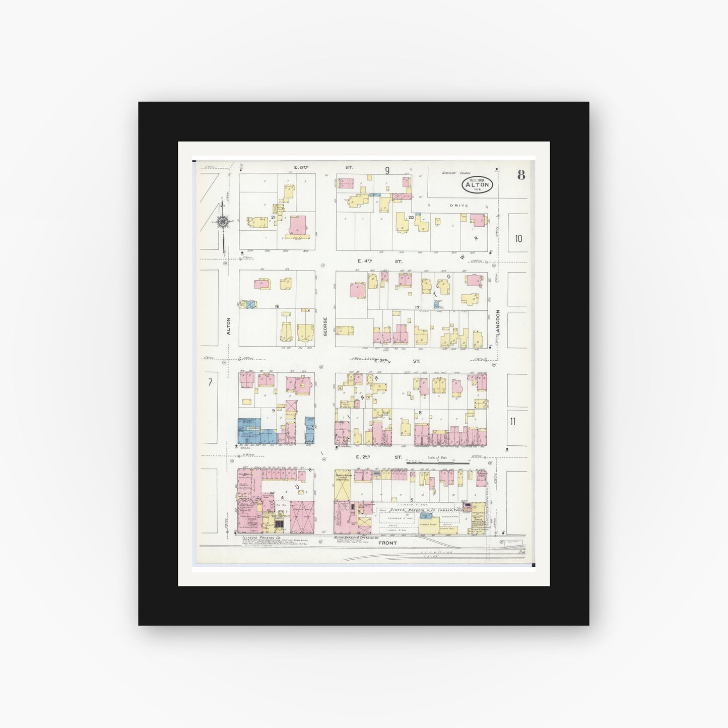 Old map wall art mockup — black gallery frame with white mat — Sanborn Fire Insurance Map from Alton, Madison County, Illinois (1909), Sheet #0008