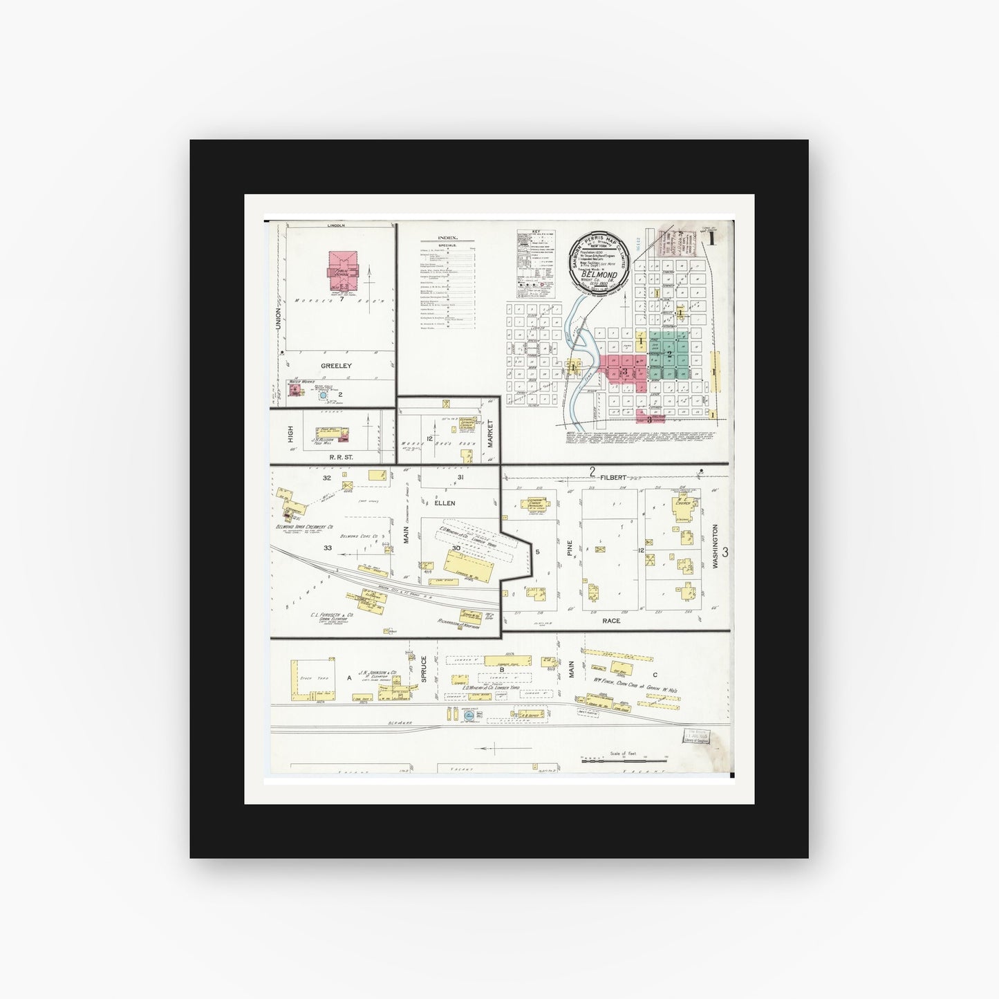 Old map wall art mockup — black gallery frame with white mat — Sanborn Fire Insurance Map from Belmond, Wright County, Iowa (1900) — Complete Set