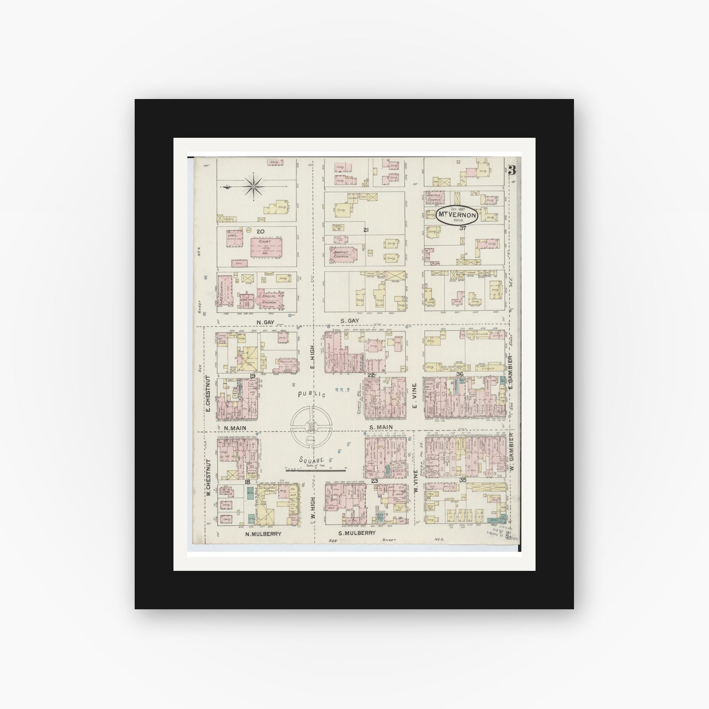 Old map wall art mockup — black gallery frame with white mat — Sanborn Fire Insurance Map from Mount Vernon, Knox County, Ohio (1887), Sheet #0003