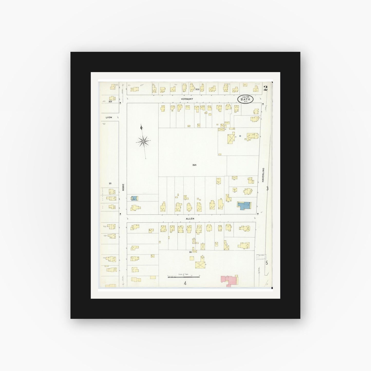 Old map wall art mockup — black gallery frame with white mat — Sanborn Fire Insurance Map from Bath, Steuben County, New York (1909) - Complete Map Set