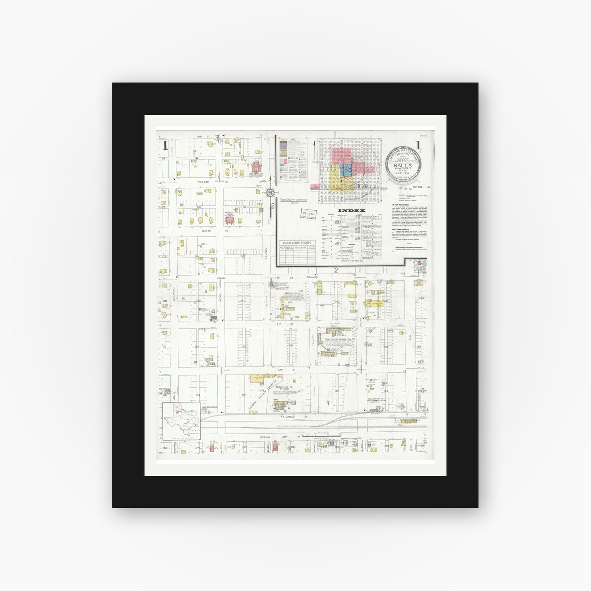 Old map wall art mockup — black gallery frame with white mat — Sanborn Fire Insurance Map from Ralls, Crosby County, Texas (1934) - Complete Map Set
