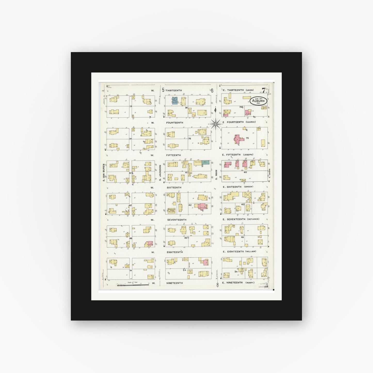 Old map wall art mockup — black gallery frame with white mat — Sanborn Fire Insurance Map from Auburn, De Kalb County, Indiana (1907), Sheet #0007