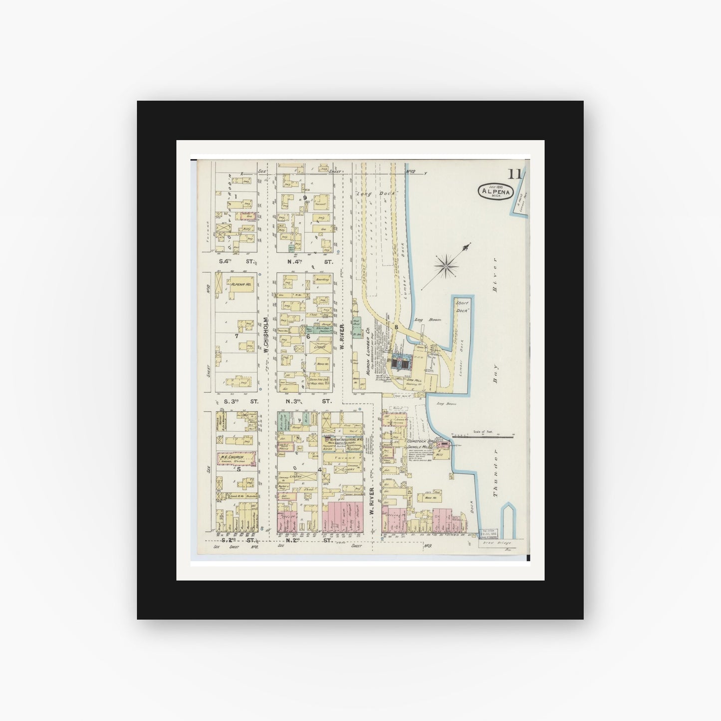 Old map wall art mockup — black gallery frame with white mat — Sanborn Fire Insurance Map from Alpena, Alpena County, Michigan (1890), Sheet #0011