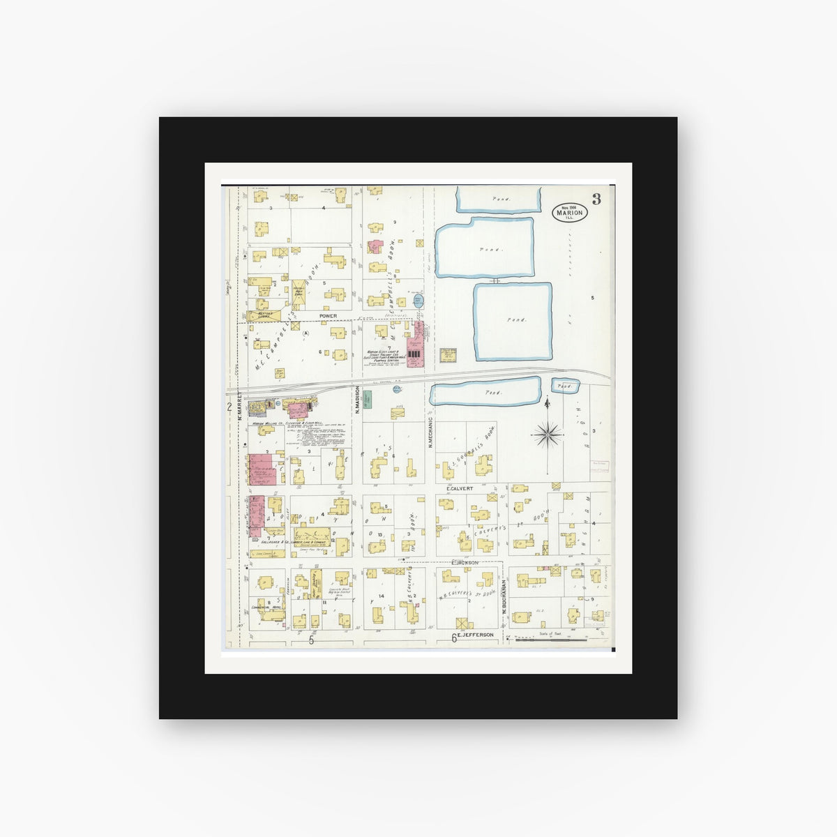 Old map wall art mockup — black gallery frame with white mat — Sanborn Fire Insurance Map from Marion, Williamson County, Illinois (1906), Sheet #0003