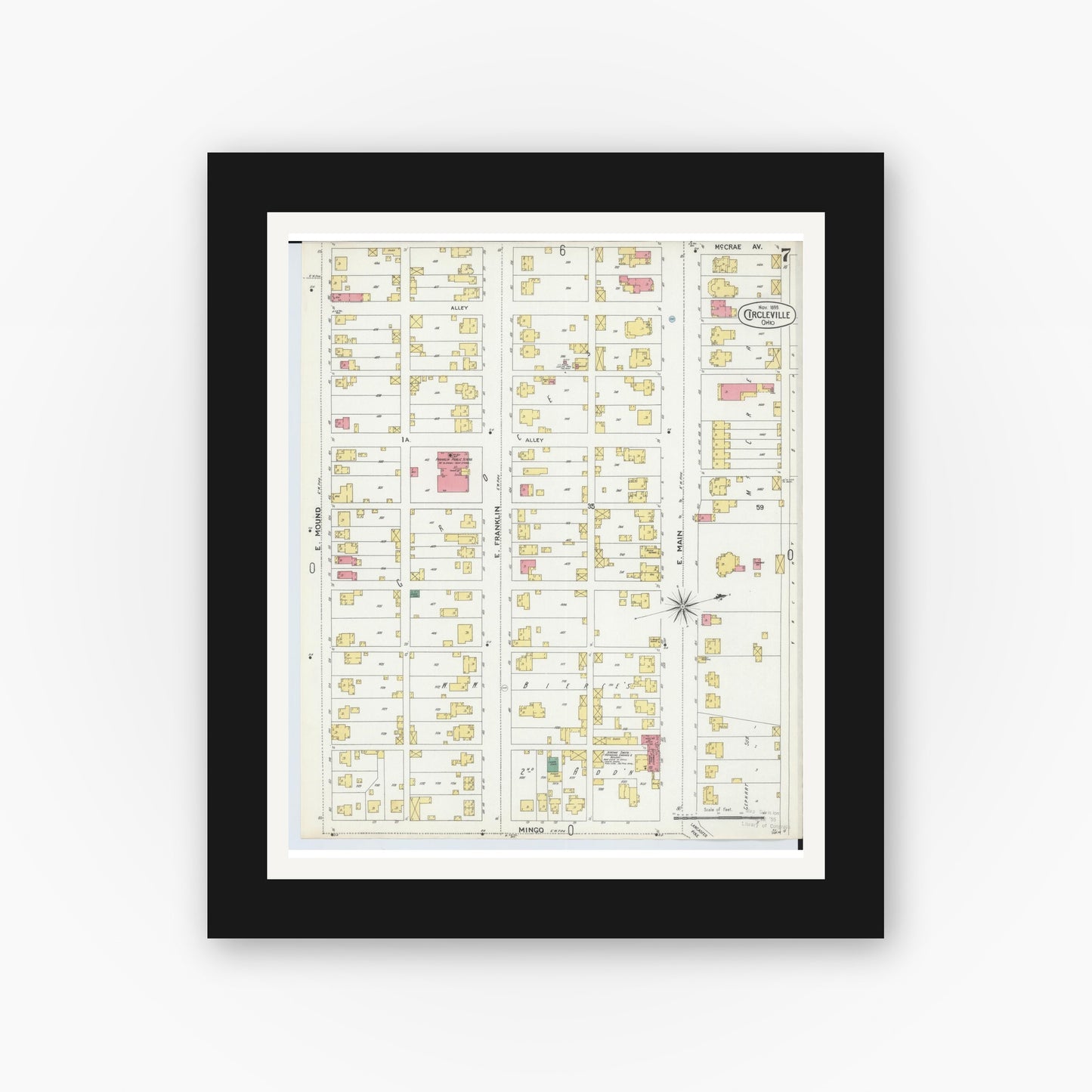 Old map wall art mockup — black gallery frame with white mat — Sanborn Fire Insurance Map from Circleville, Pickaway County, Ohio (1899), Sheet #0007