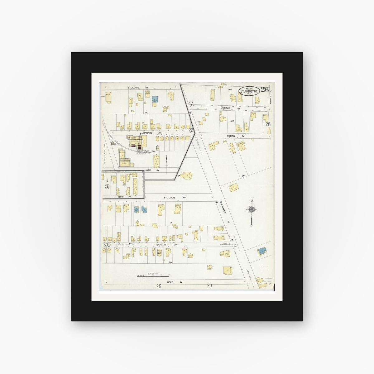 Old map wall art mockup — black gallery frame with white mat — Sanborn Fire Insurance Map from Saint Augustine, Saint John's County, Florida (1910), Sheet #0026