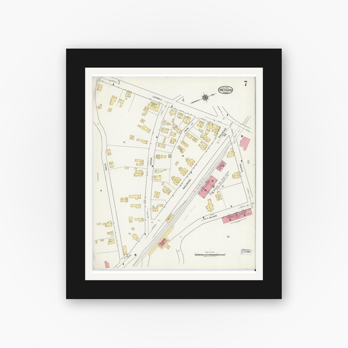 Old map wall art mockup — black gallery frame with white mat — Sanborn Fire Insurance Map from Methuen, Essex County, Massachusetts (1919), Sheet #0007