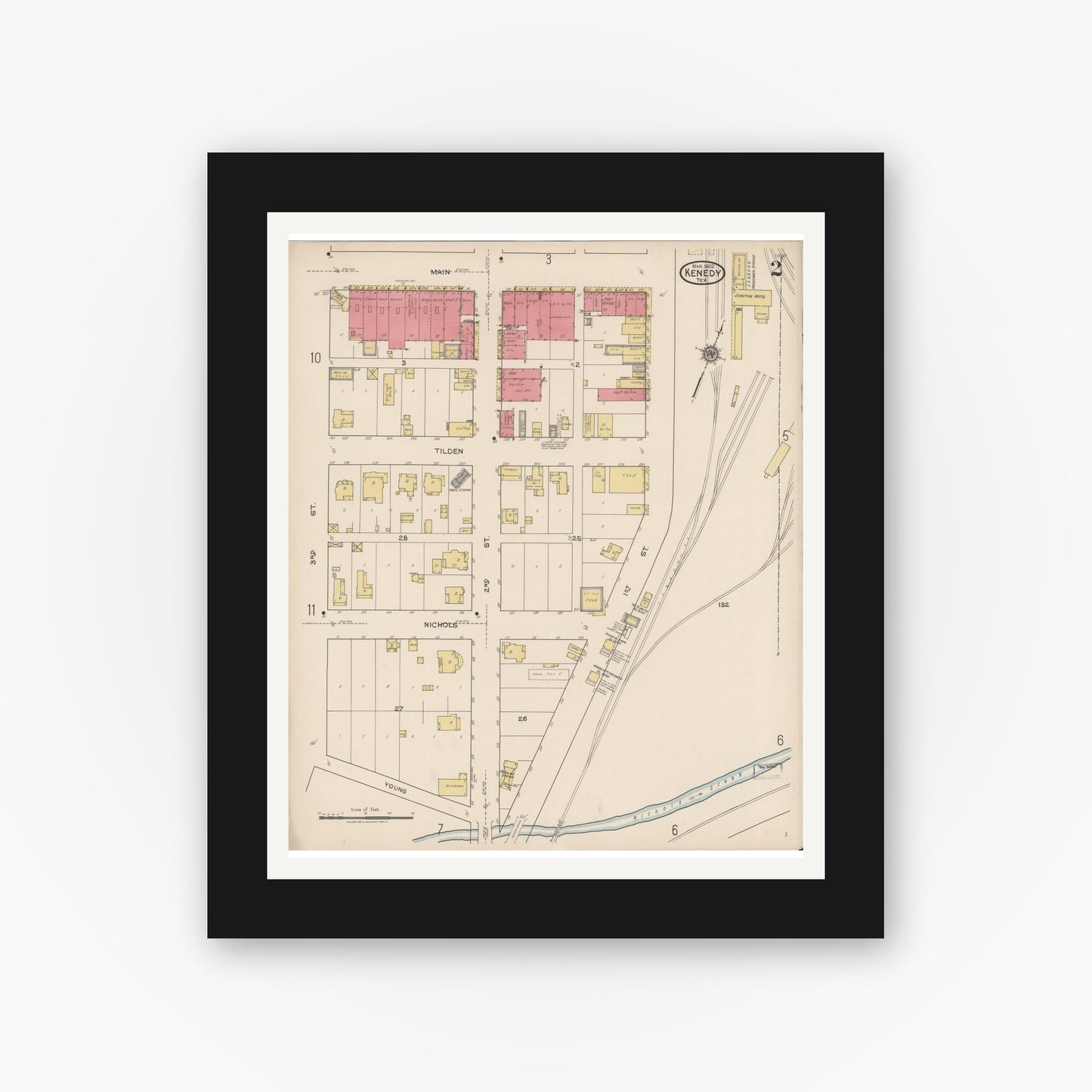 Old map wall art mockup — black gallery frame with white mat — Sanborn Fire Insurance Map from Kenedy, Karnes County, Texas (1922), Sheet #0002