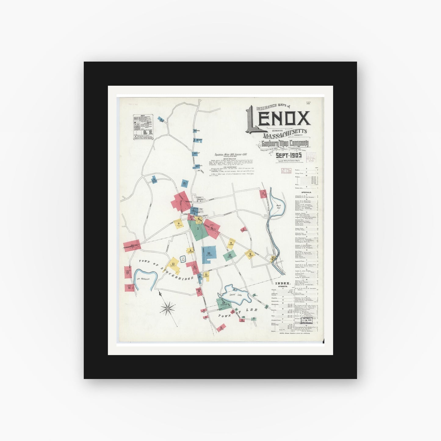 Old map wall art mockup — black gallery frame with white mat — Sanborn Fire Insurance Map from Lenox, Berkshire County, Massachusetts (1905) - Complete Map Set