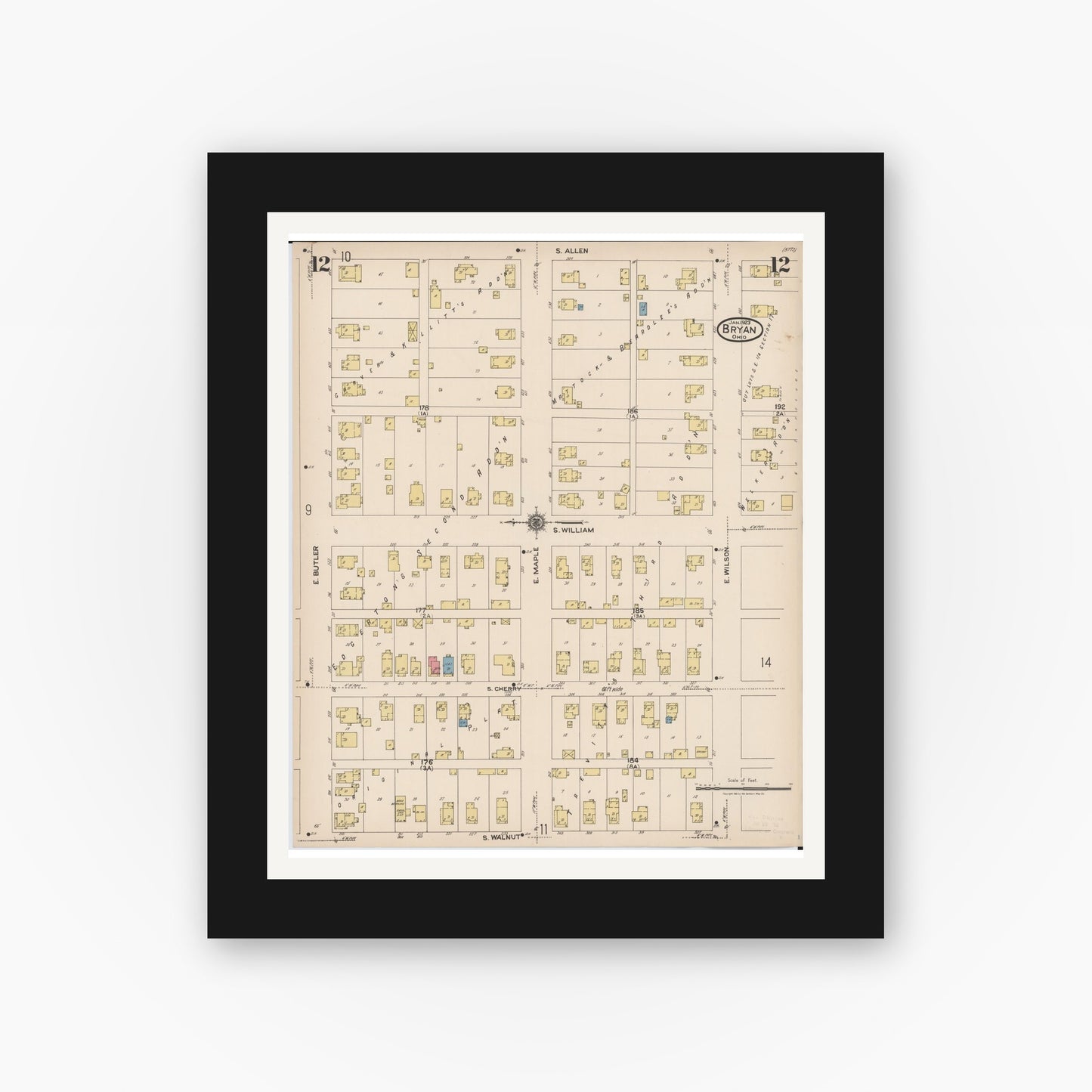 Old map wall art mockup — black gallery frame with white mat — Sanborn Fire Insurance Map from Bryan, Williams County, Ohio (1923), Sheet #0012