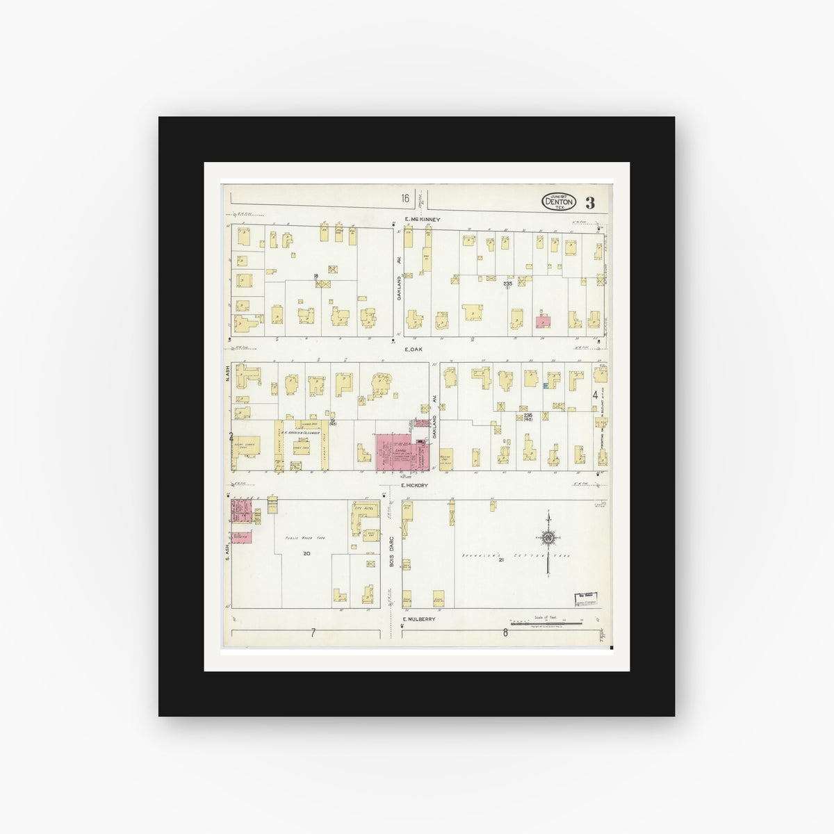 Old map wall art mockup — black gallery frame with white mat — Sanborn Fire Insurance Map from Denton, Denton County, Texas (1917), Sheet #0003