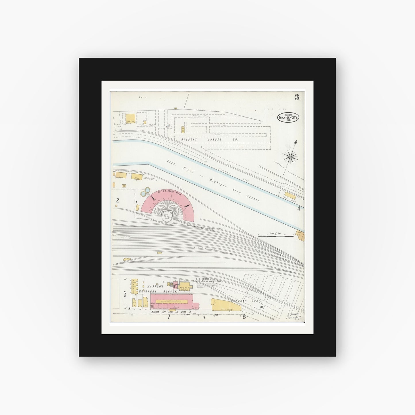 Old map wall art mockup — black gallery frame with white mat — Sanborn Fire Insurance Map from Michigan City, La Porte County, Indiana (1899), Sheet #0003