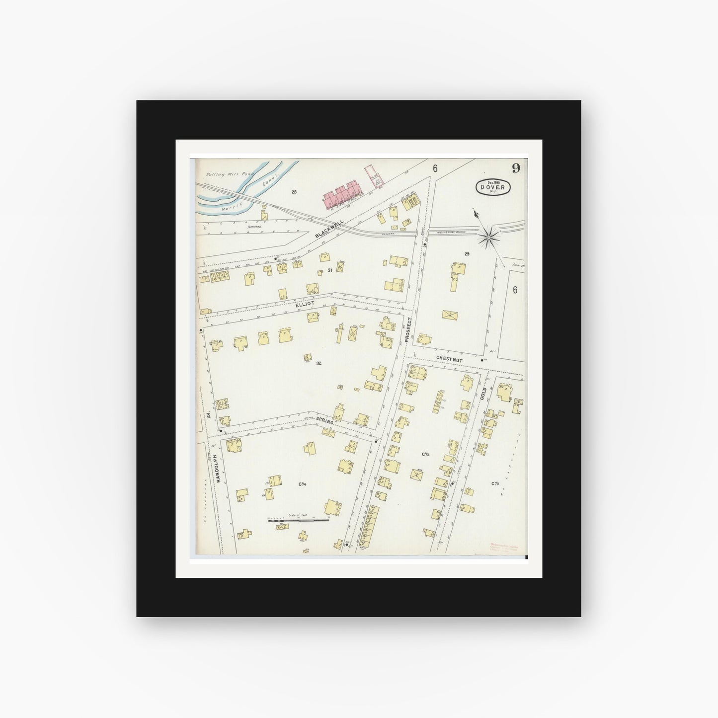 Old map wall art mockup — black gallery frame with white mat — Sanborn Fire Insurance Map from Dover, Morris County, New Jersey (1896), Sheet #0009