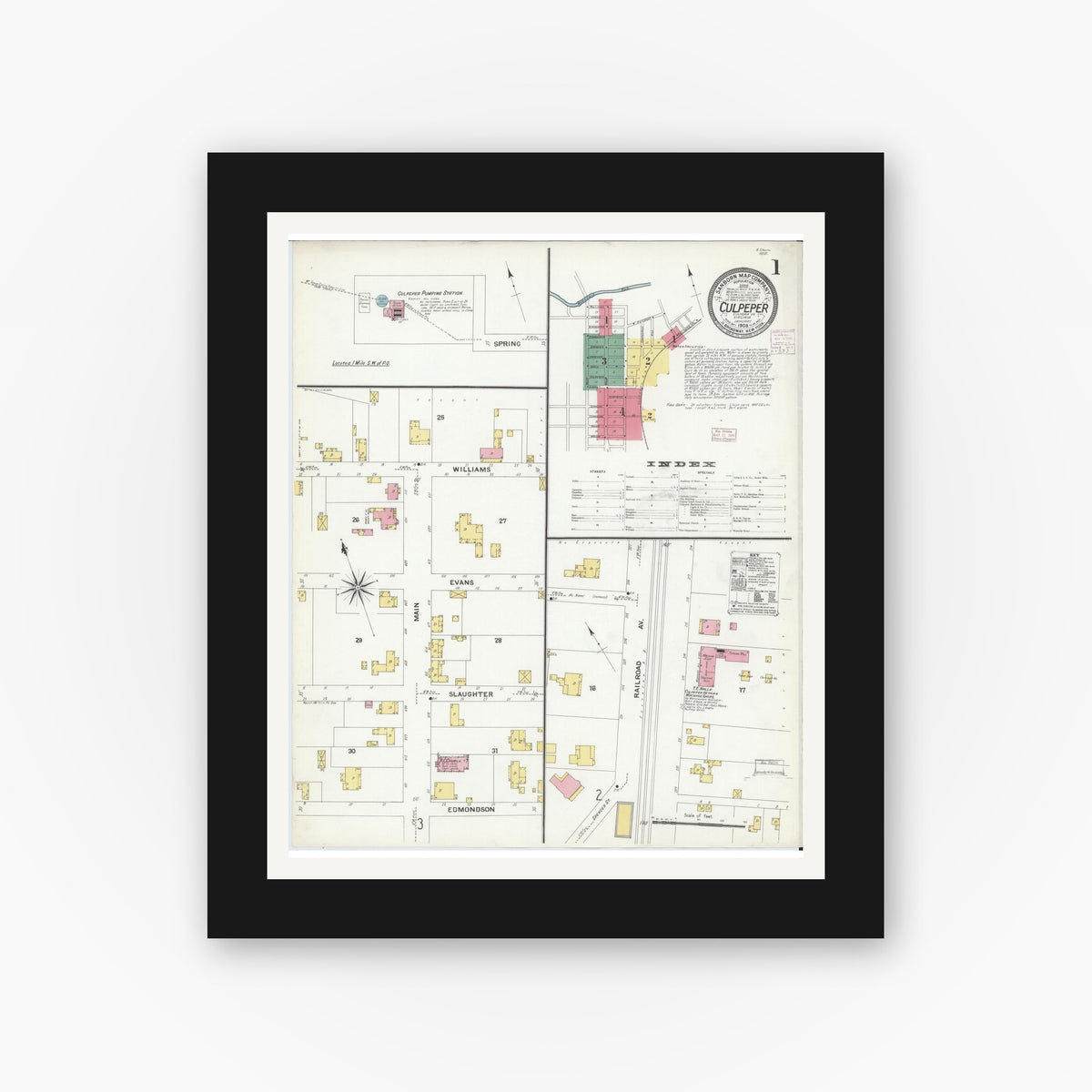 Old map wall art mockup — black gallery frame with white mat — Sanborn Fire Insurance Map from Culpeper, Culpeper County, Virginia (1908), Sheet #0001